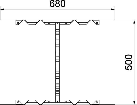 Technický výkres obdélníkového objektu. Hlavní rozměry: šířka 680 mm, výška 500 mm. Zobrazuje příčný řez a konstrukční detaily.
