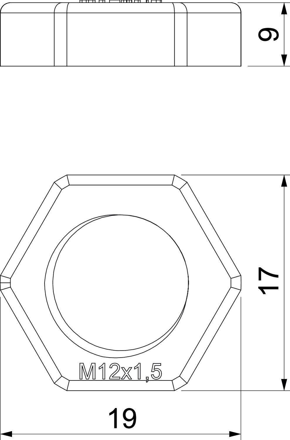 Technický výkres šestihranné matice se závitem M12x1,5. Boční pohled ukazuje výšku 9 mm, pohled shora s průměrem 17 mm.