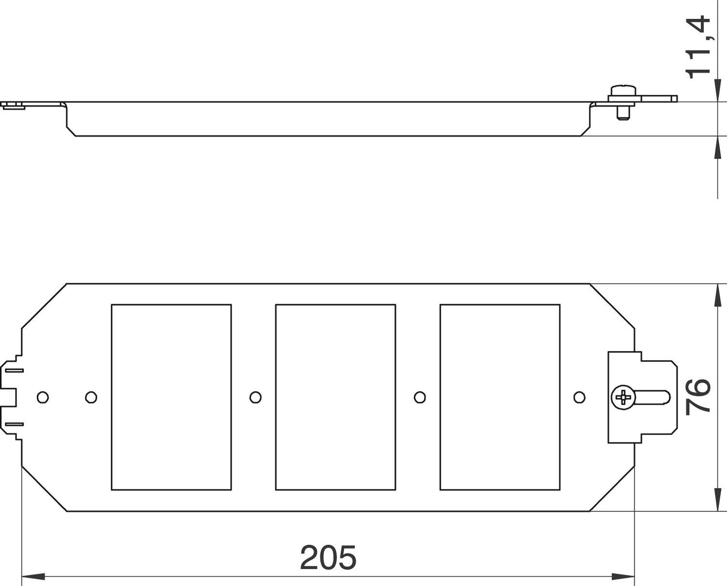 Technický výkres obdélníkového dílu se třemi čtvercovými výřezy s rozměry: délka 205 mm, šířka 76 mm, výška 11,4 mm.