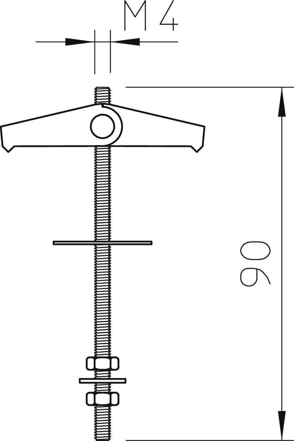 Diagram kloubu: Kovový kloub se šroubovým závitem, maticí a podložkou. Výška 90 mm, závit M4.