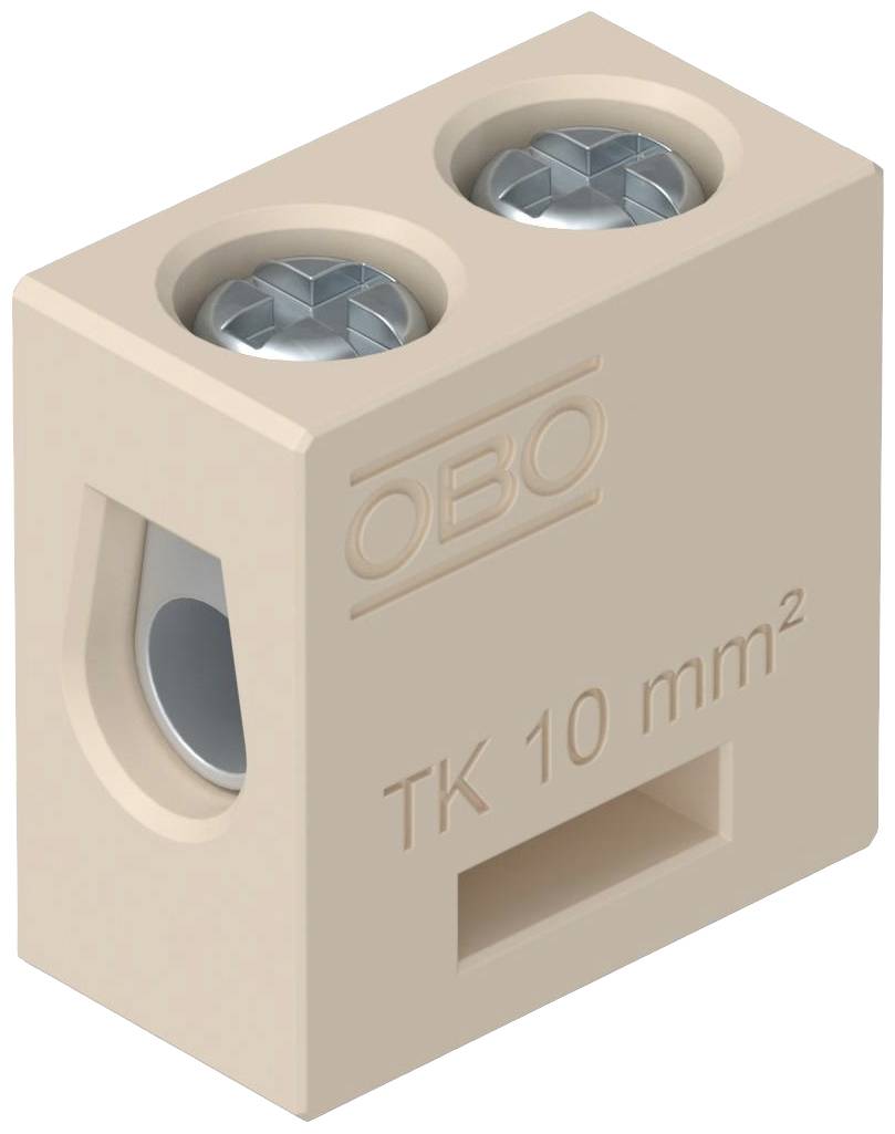 Svorkovnice v béžové barvě se dvěma šrouby, označená 'OBO' a 'TK 10 mm²', vhodná pro elektrické propojení.