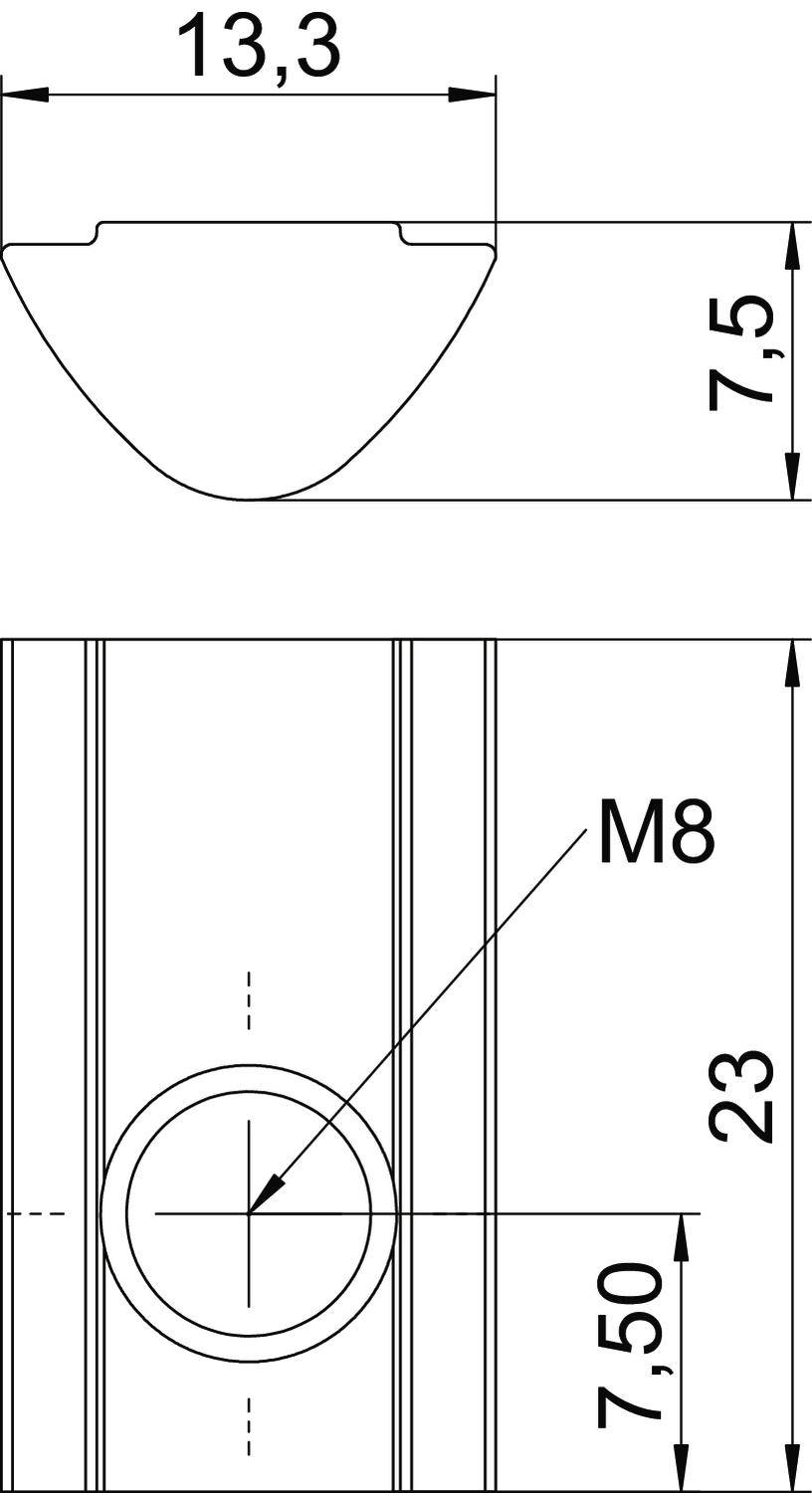 Technický výkres součásti s rozměry: šířka 13,3 mm, výška 7,5 mm, otvor M8 ve vzdálenosti 7,5 mm od okraje, celková výška 23 mm.