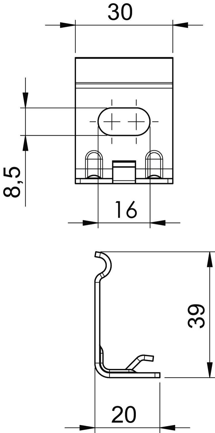 Technický výkres součásti s rozměry: šířka 30 mm, výška 8,5 mm, 16 mm a 20 mm, boční pohled výška 39 mm.