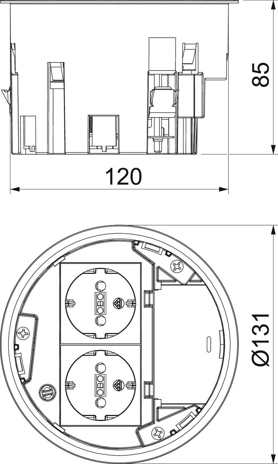 Technický výkres kruhové zásuvkové lišty. Rozměry: 85 mm výška, 120 mm délka, 131 mm průměr. Dva napájecí vstupy.