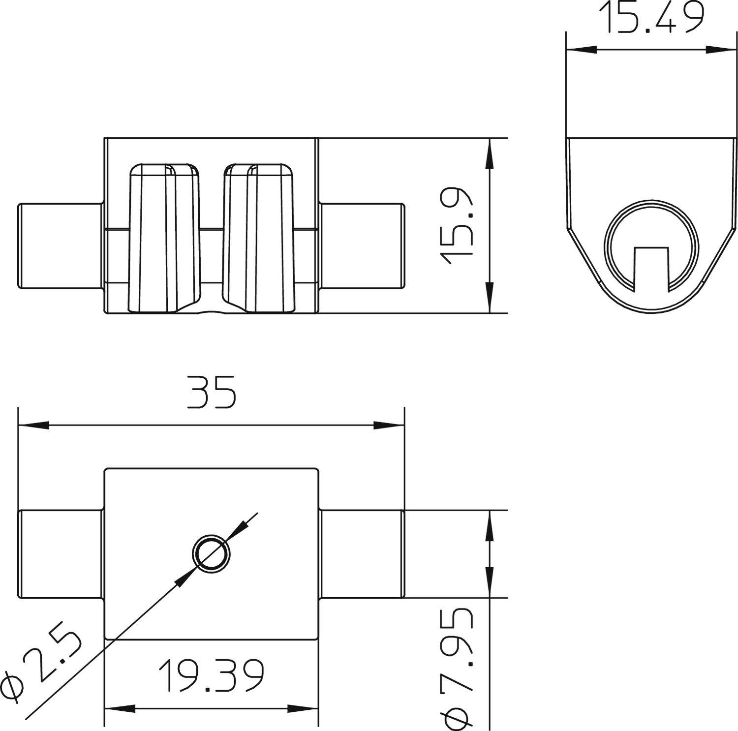 Technický výkres mechanické součásti se dvěma pohledy: Pohled zepředu zobrazuje rozměry 15,9 a 35 mm, pohled shora s detaily.
