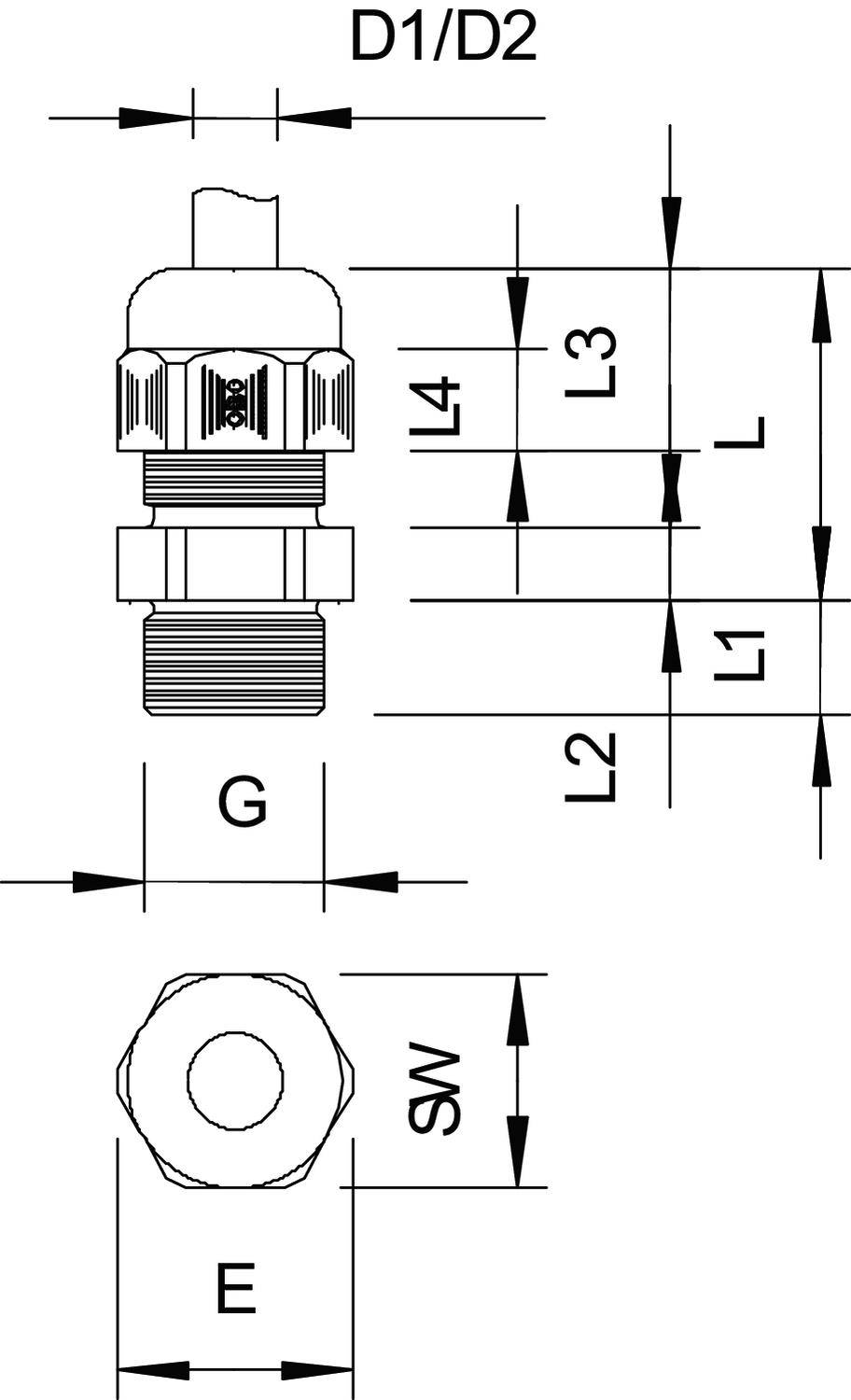 Technický výkres šroubovacího systému s rozměry: D1/D2, L, L1, L2, L3, L4, G, SW, E. Přední a boční pohled.