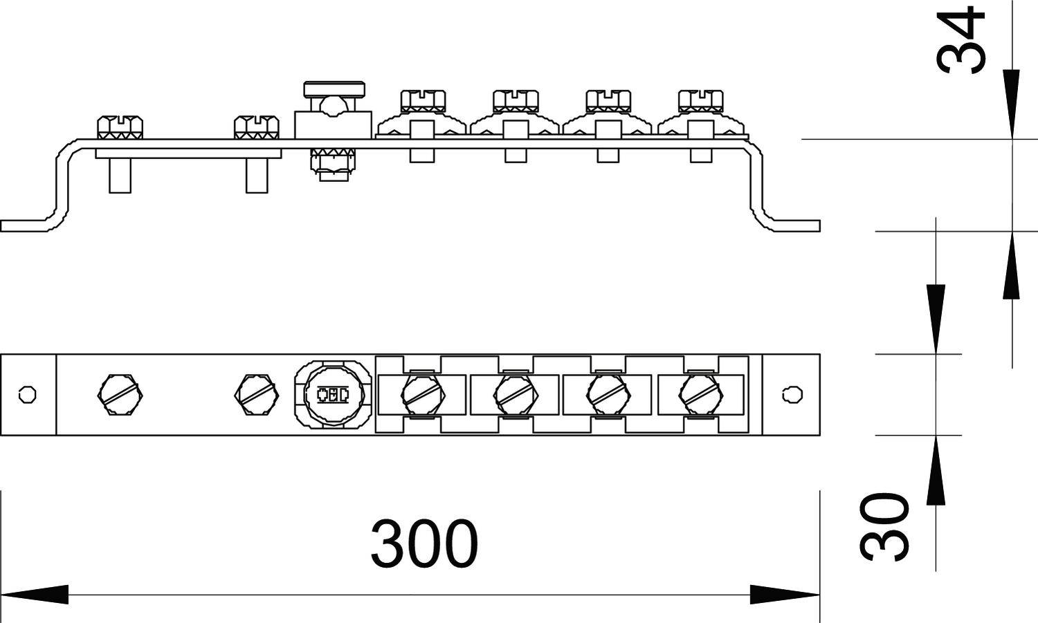 Technický výkres elektrické svorkovnice se sedmi kontakty. Rozměry: délka 300 mm, výška 34 mm, šířka 30 mm.