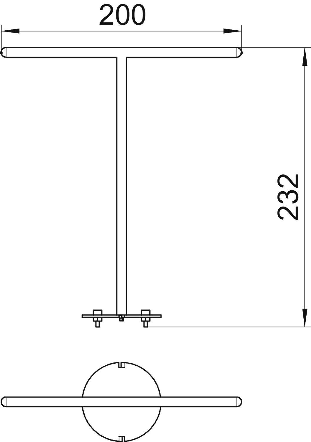 Technický výkres T-tvarového objektu s rozměry: šířka 200 mm, výška 232 mm, zobrazující pohled shora a boční pohled.