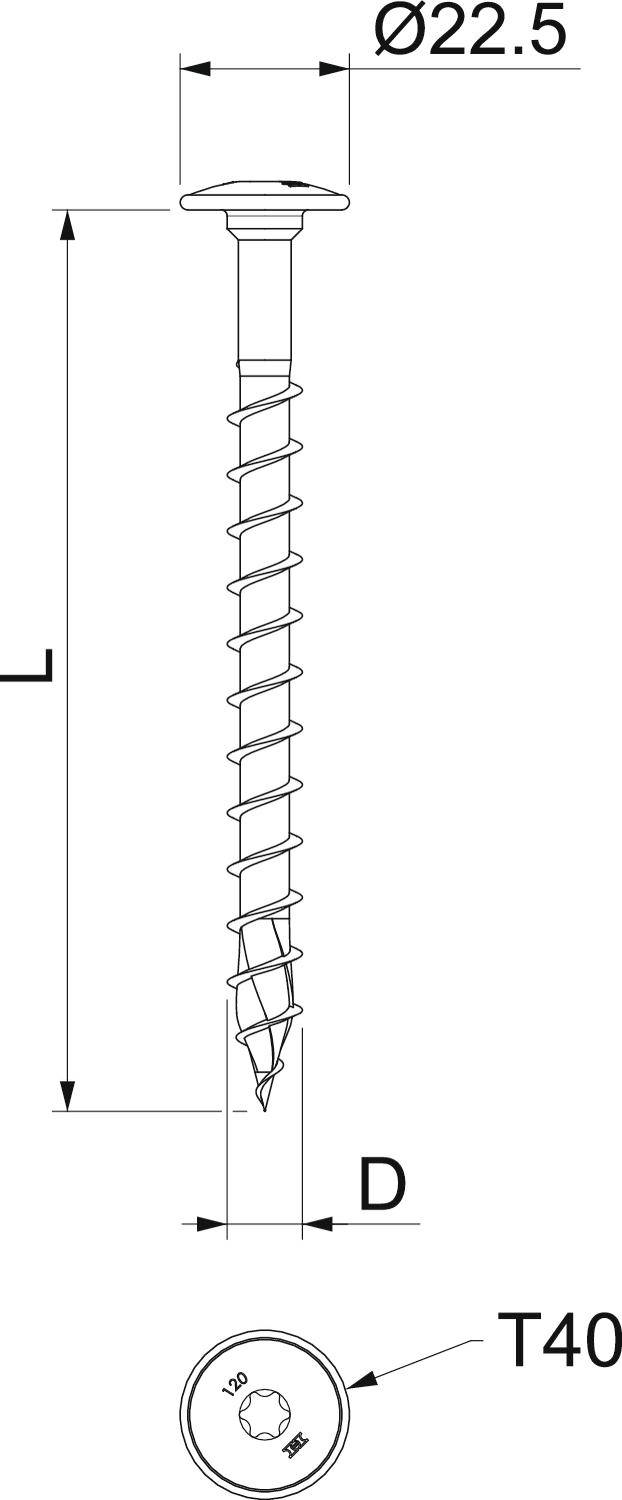 Technický výkres šroubu s rozměry: Celková délka 'L', průměr 'D', hlava Ø22,5 mm, T40 Torx drážka.