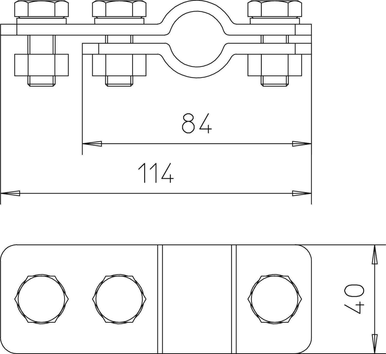 Technický výkres potrubní objímky s rozměry: 84 mm šířka, 114 mm délka, 40 mm výška. Šrouby a matice nahoře.