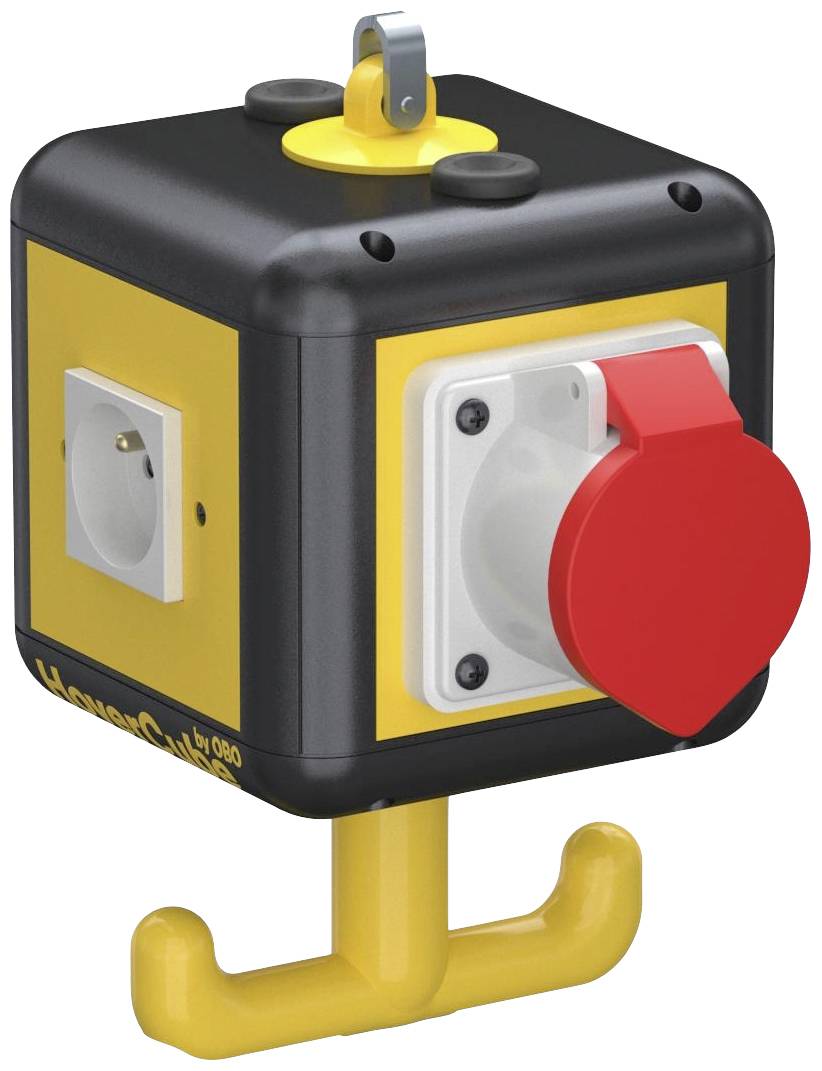 Černá a žlutá elektrická skříň se dvěma zásuvkami a červeným spínačem, pod ní žlutá značka zaškrtnutí.