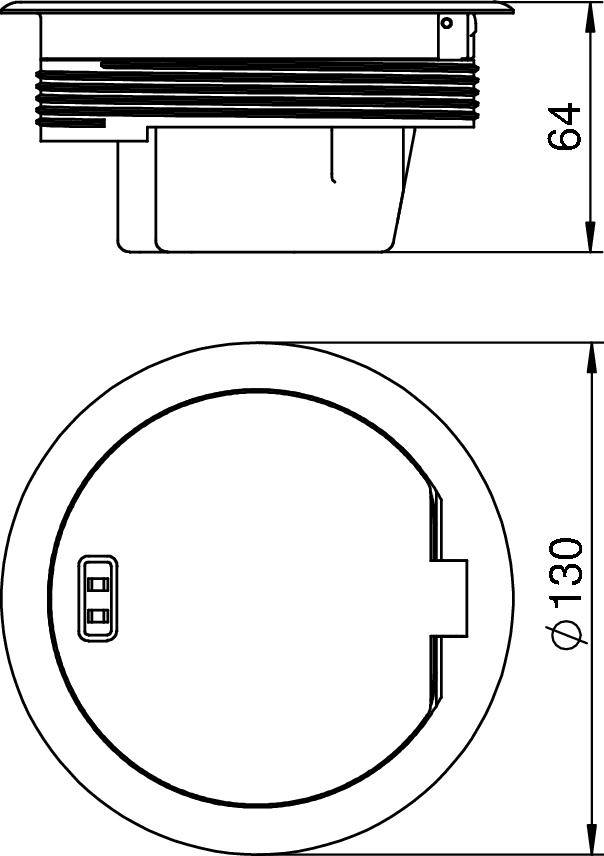 Technický výkres kulatého vestavného pouzdra s rozměry: průměr 130 mm, výška 64 mm, boční a pohled shora.