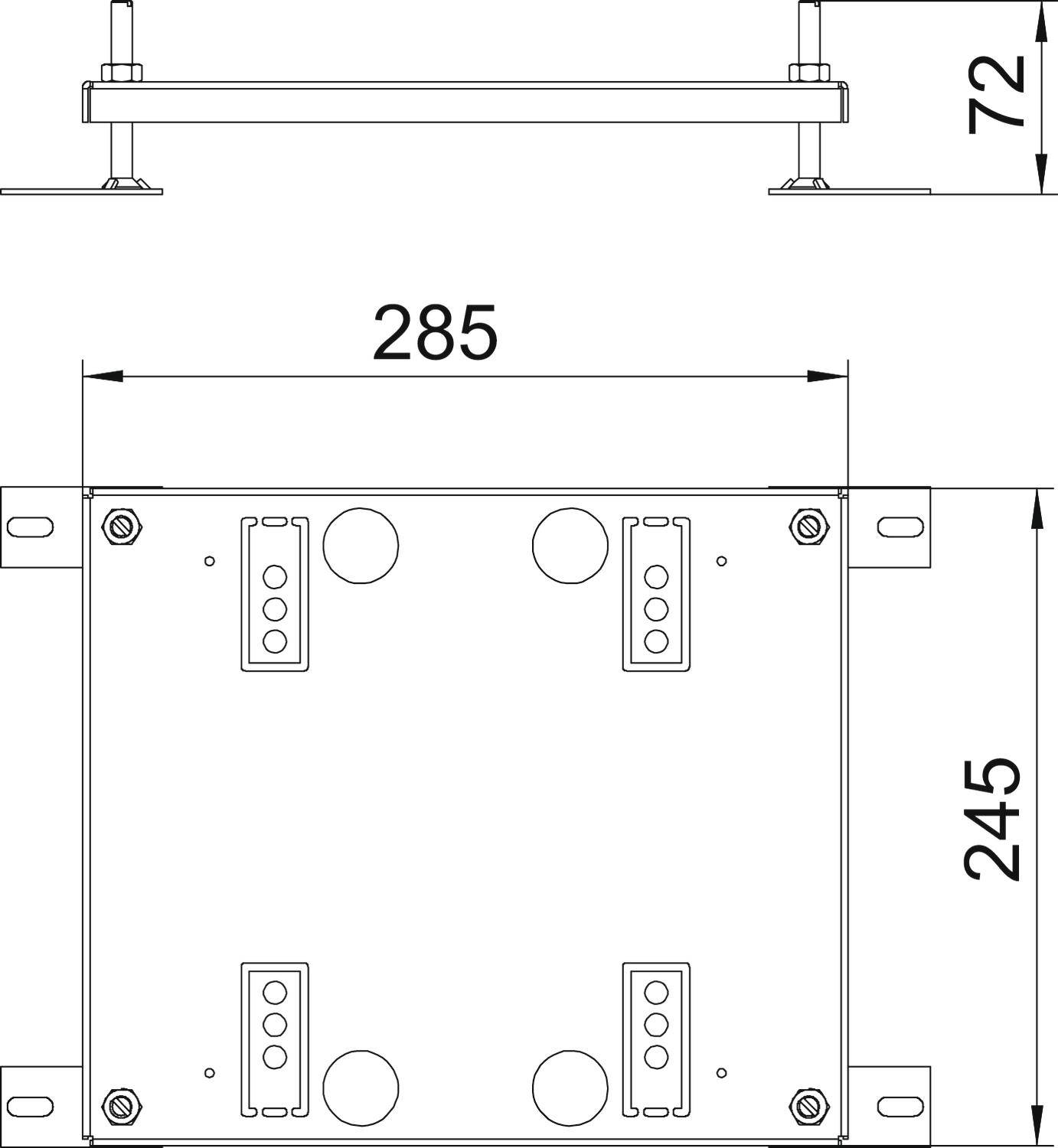 Výkres obdélníkového kovového pouzdra s rozměry: šířka 285 mm, výška 245 mm, hloubka 72 mm. Jsou viditelné otvory pro šrouby a úchyty.