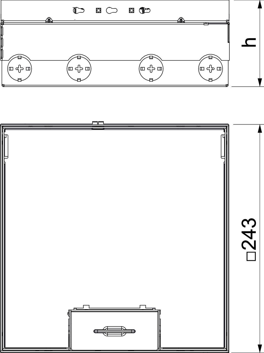 Technický výkres obdélníkového zařízení se čtyřmi kruhovými přípoji nahoře a výškou 243 mm.