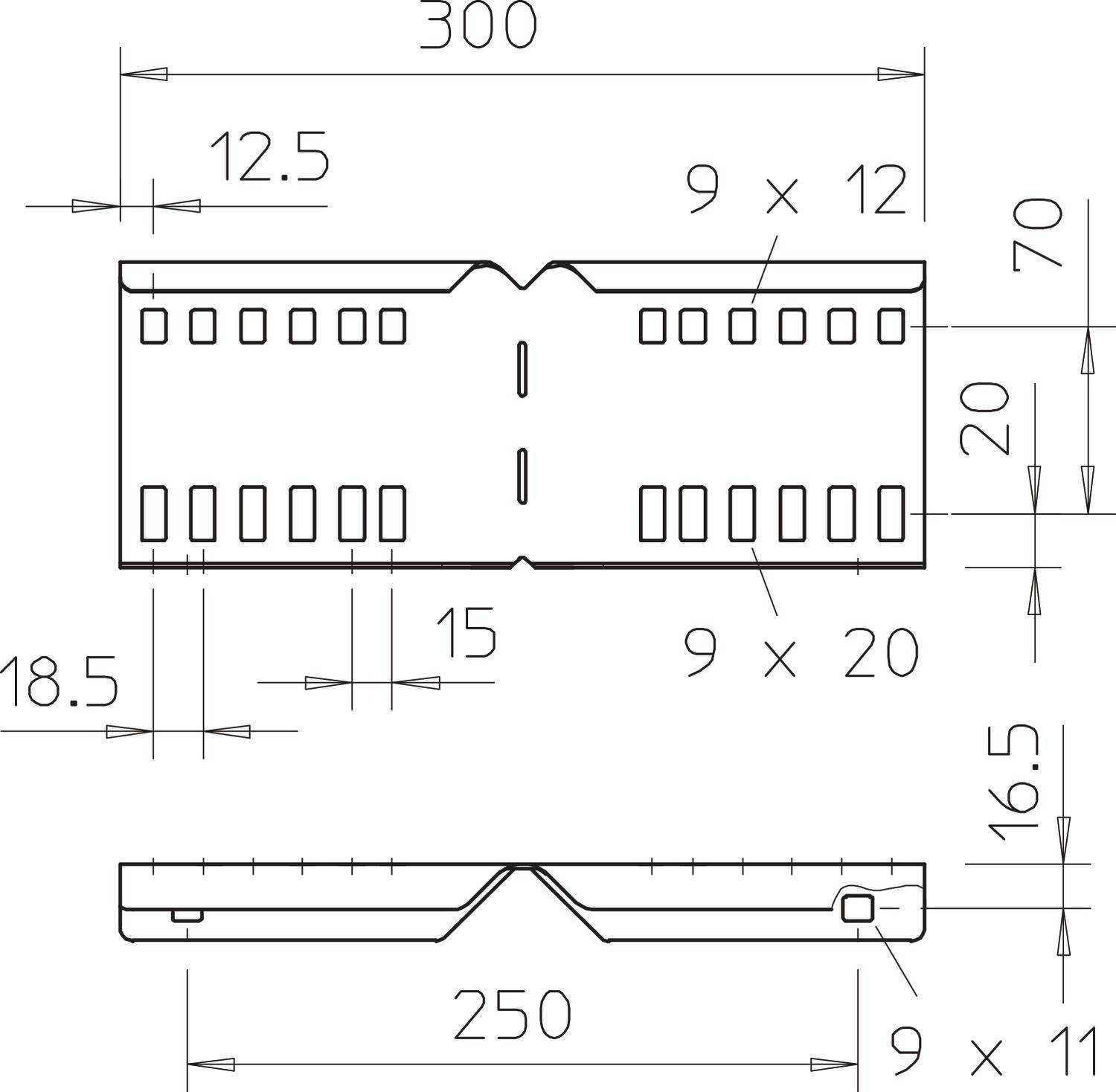 Technický výkres kovového spoje s rozměry: délka 300 mm, šířka 70 mm, tloušťka 20 mm. Zobrazeno uspořádání otvorů a detail ohybu.