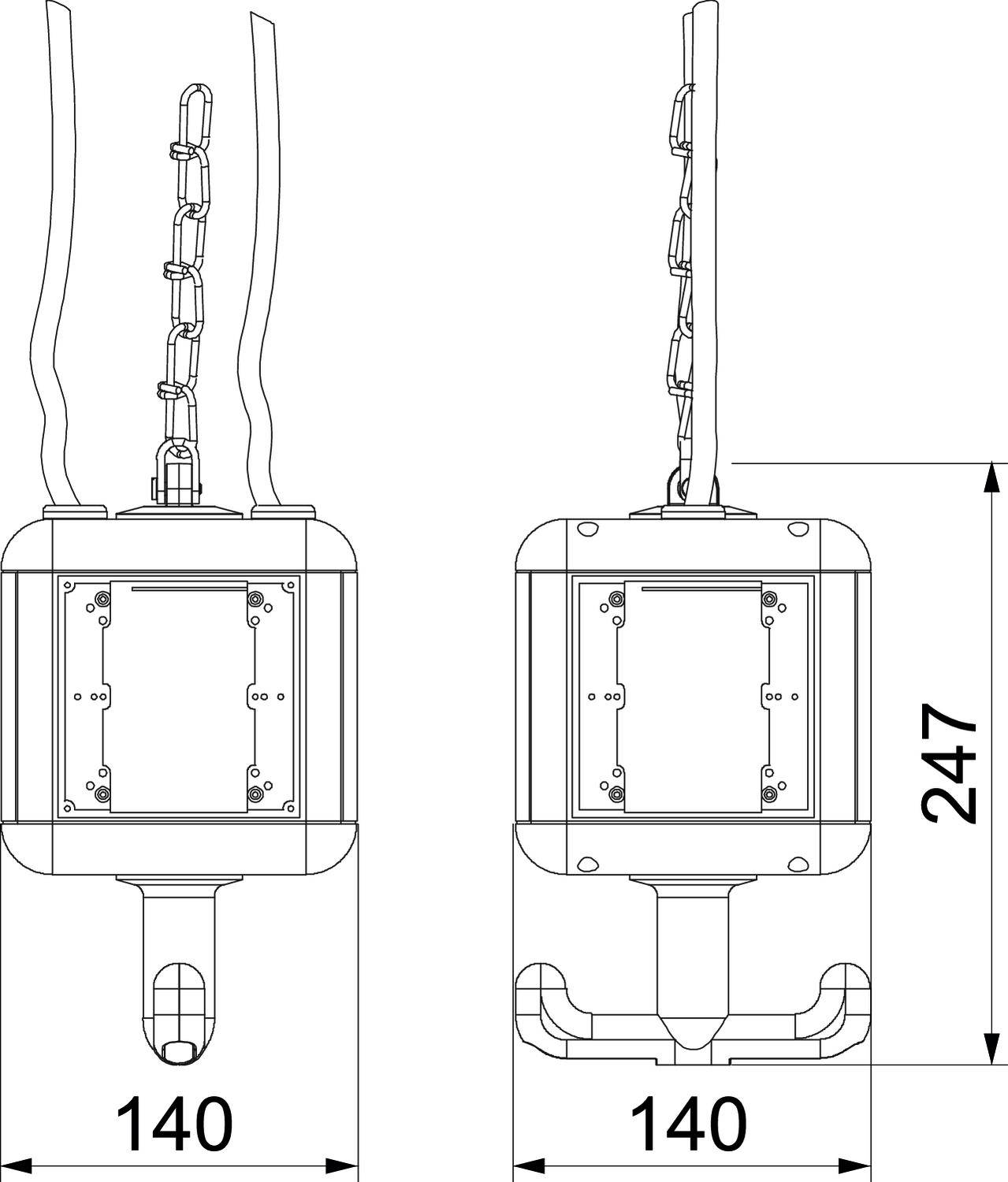 Technický výkres elektrické součástky s rozměry: šířka 140 mm, výška 247 mm. Zobrazuje přední a boční pohled.