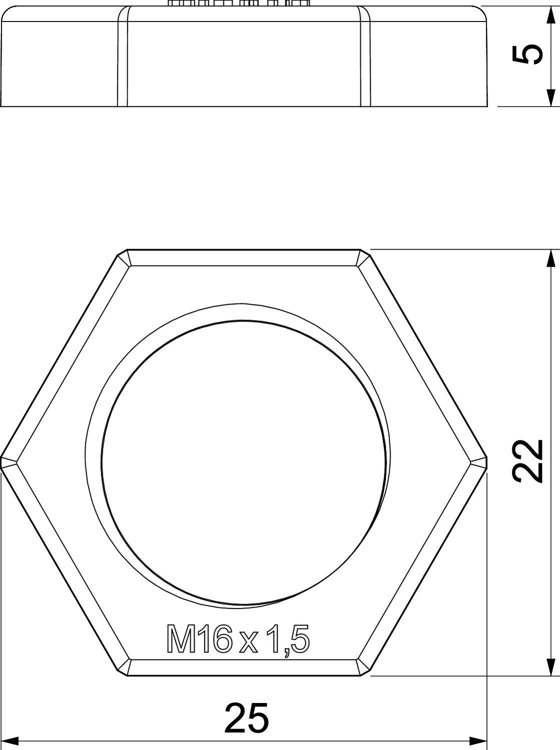 Technický výkres šestihranné matice. Rozměry: 25 mm šířka, 22 mm výška, 5 mm tloušťka. Popis: 'M16 x 1,5'.
