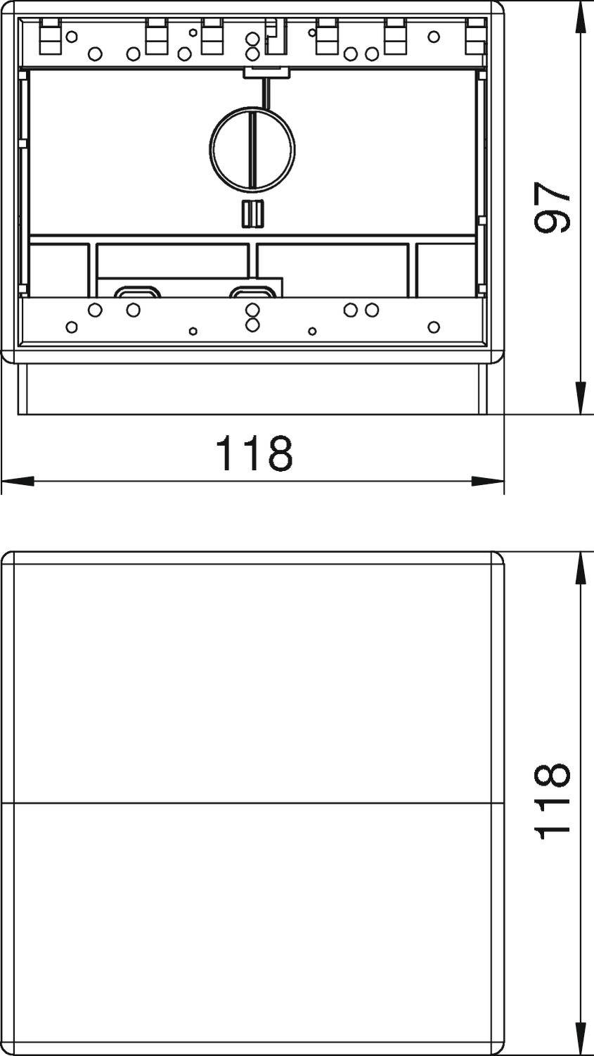 Diagram obdélníkové krabice s rozměry: šířka 118 mm, horní výška 97 mm, spodní výška 118 mm. Horní část zobrazuje vnitřní pohled s kruhovým detailem.