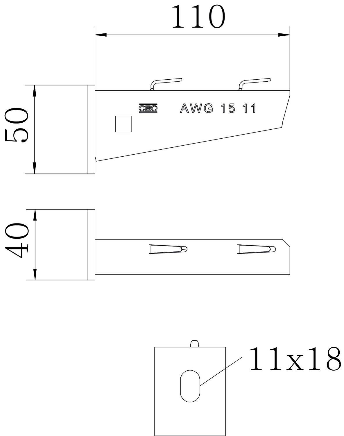 Technický výkres kovového dílu s rozměry: 110x50 mm. Boční pohled ukazuje značení 'AWG 15 11'. Čelní pohled zobrazuje rozměr 11x18 mm.