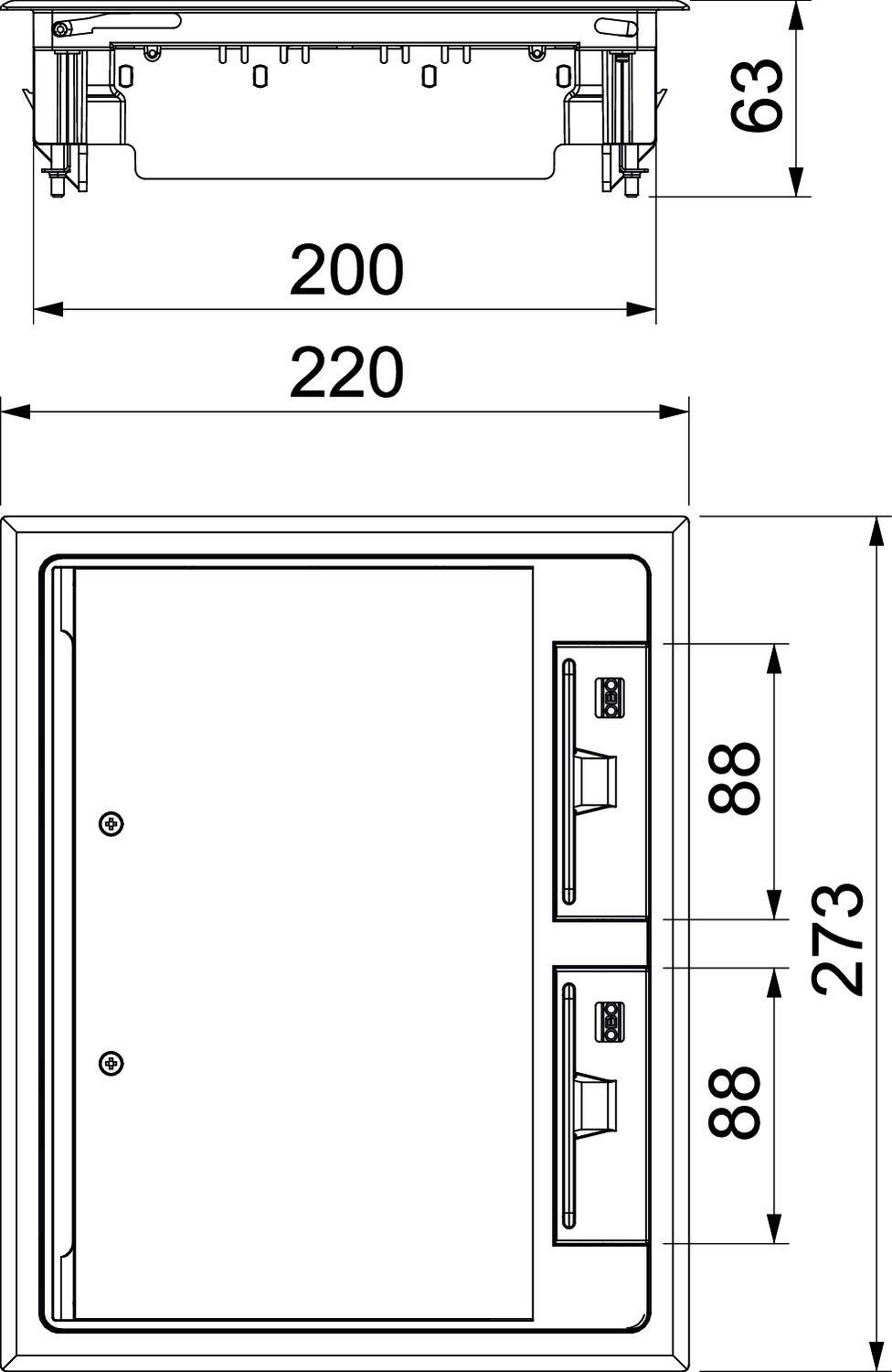 Elektrický rozváděč s podrobnými rozměry: výška 273 mm, šířka 220 mm, výška komponent 88 mm, celková výška 63 mm.