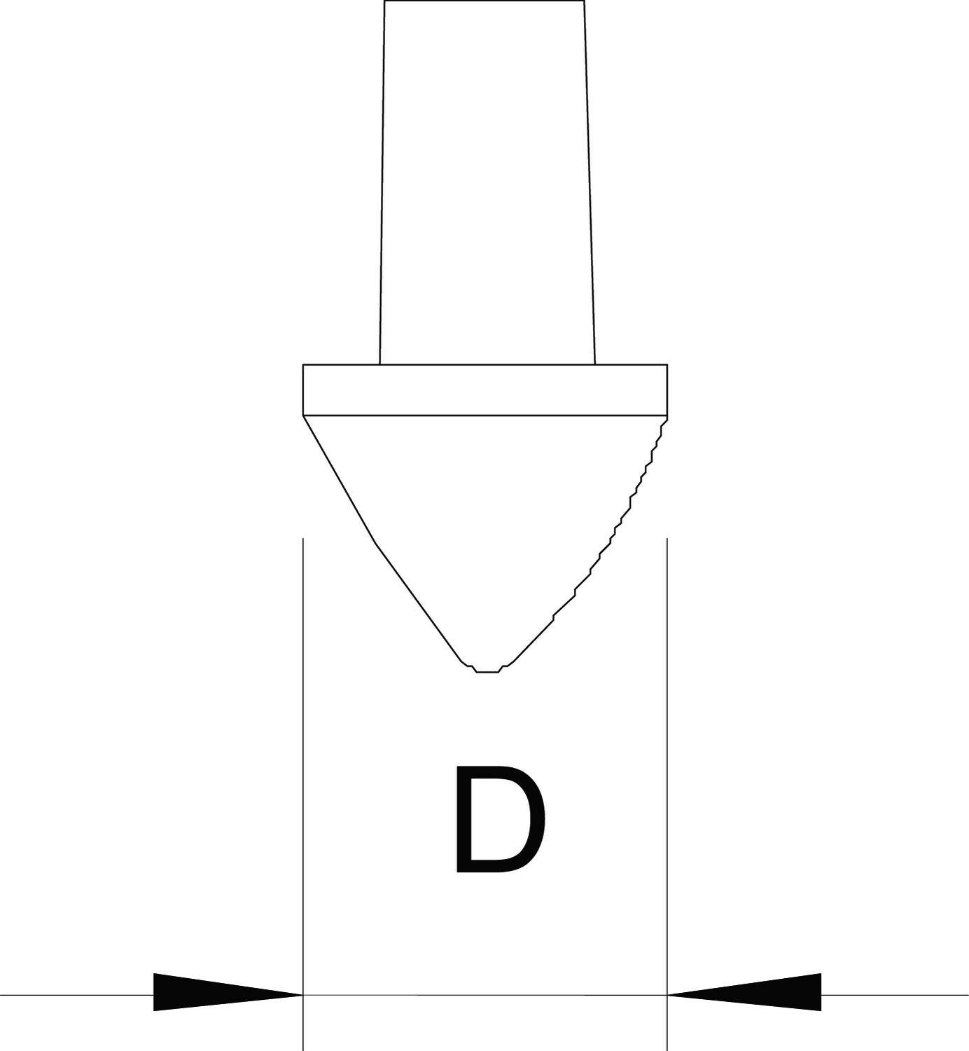 Diagram nástroje pro vrtání, 'D' označuje průměr hrotu. Šipky ukazují na oblast vrtání.