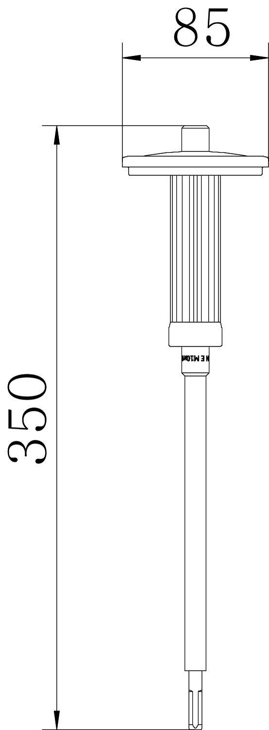 Technický výkres válcového zařízení o šířce 85 mm a výšce 350 mm, zobrazující detaily tyčového ventilu s rozměrovými údaji.