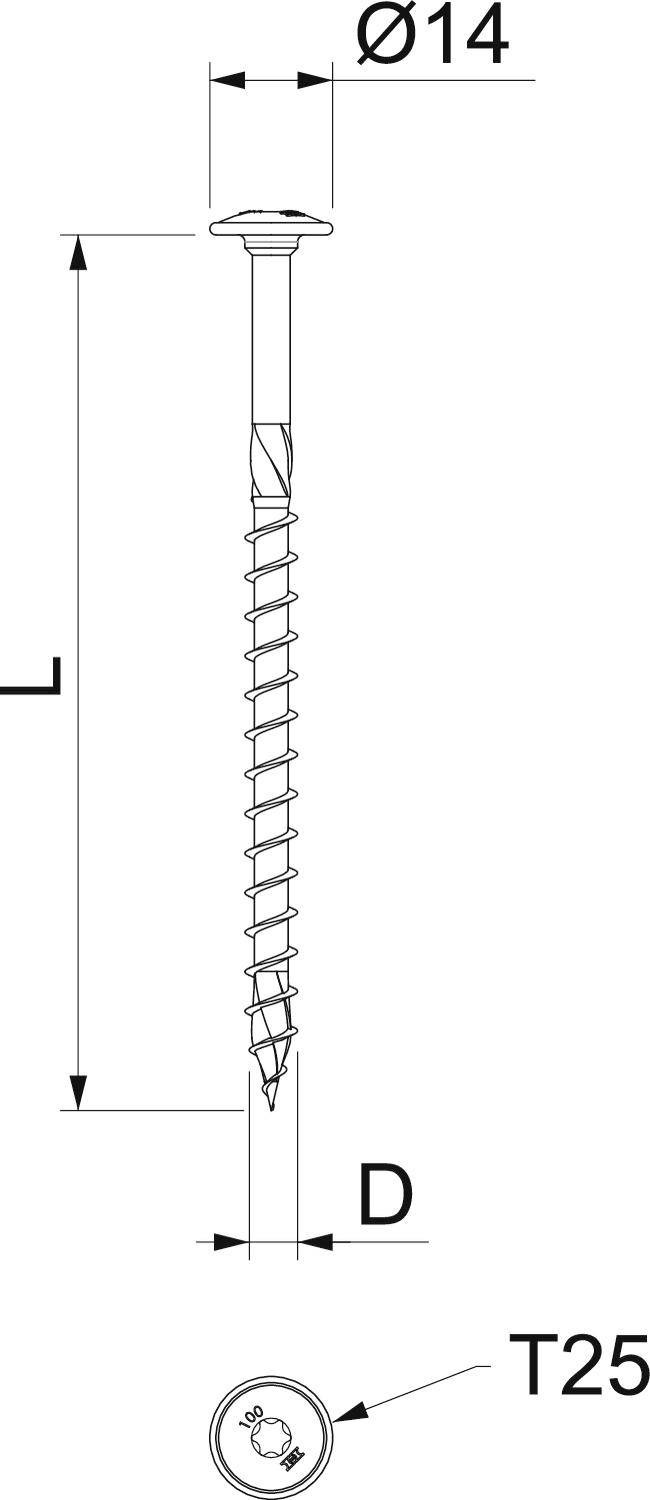 Šroub se zápustnou hlavou, Ø14 mm, délka 'L', průměr závitu 'D', vhodný pro hvězdicový (Torx) nástroj T25. Směr otáčení po směru hodinových ručiček.