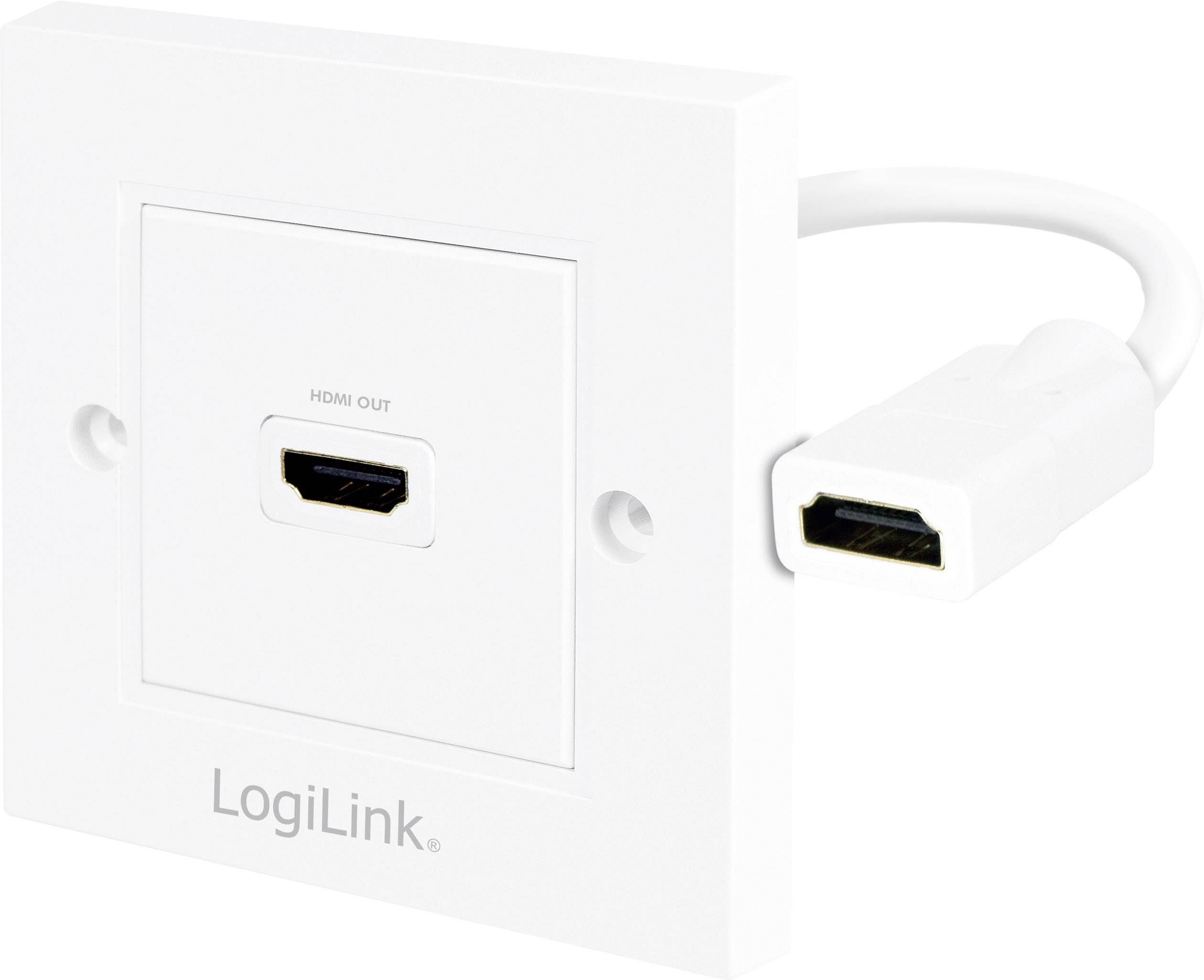 Bílá nástěnná zásuvka HDMI s vyčnívajícím HDMI kabelem, označená štítkem 'LogiLink'.