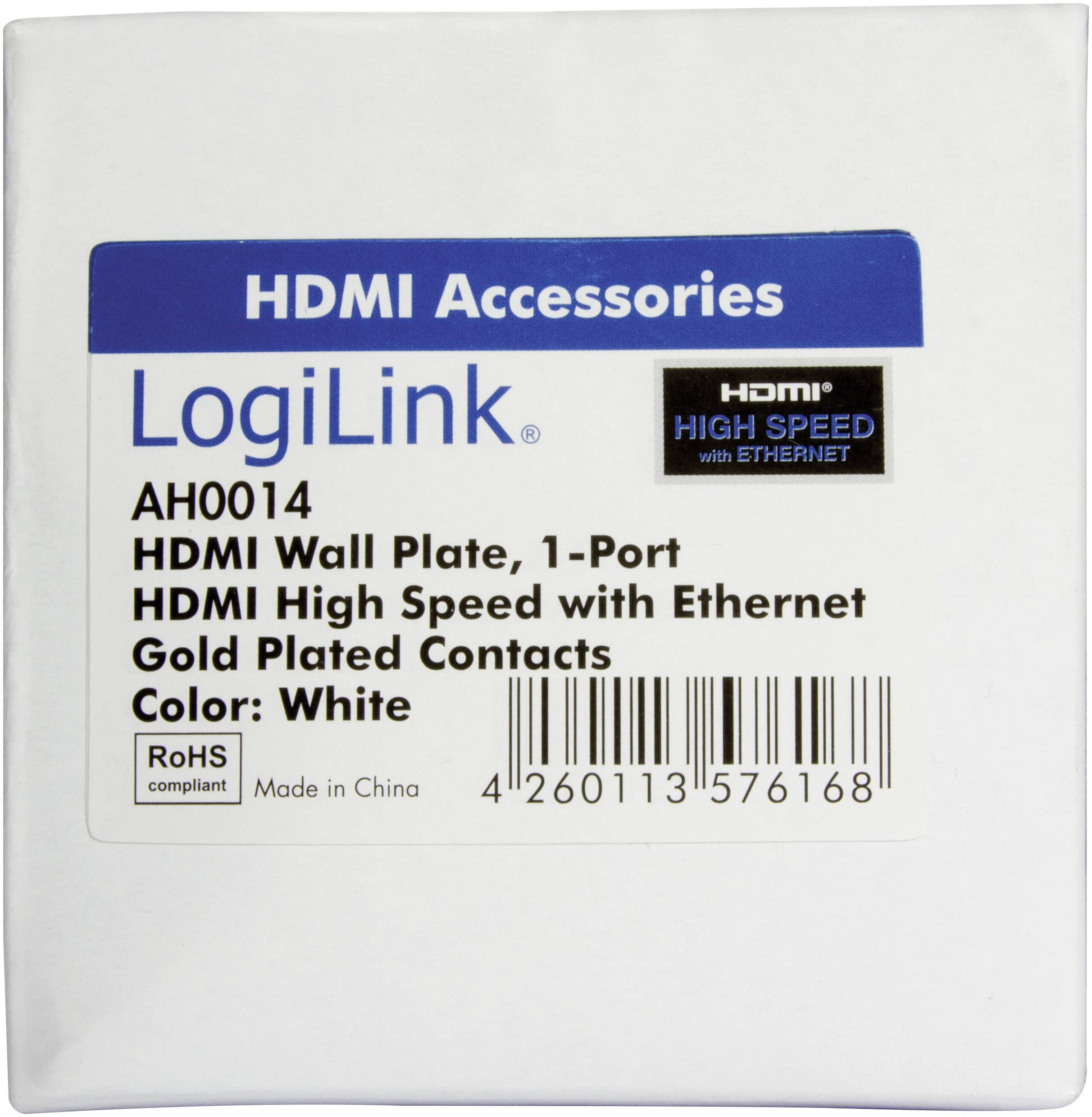 Balení HDMI nástěnné zásuvky od LogiLink, model AH0014, s jedním portem, pozlacenými kontakty, barva: bílá.