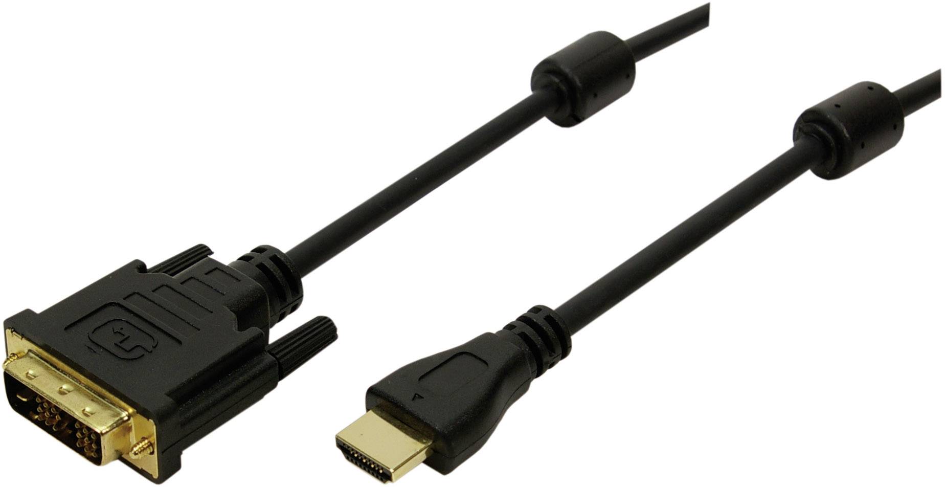 Černý kabel s konektorem DVI na levé straně a konektorem HDMI na straně pravé, který propojuje zařízení s odlišnými rozhraními.