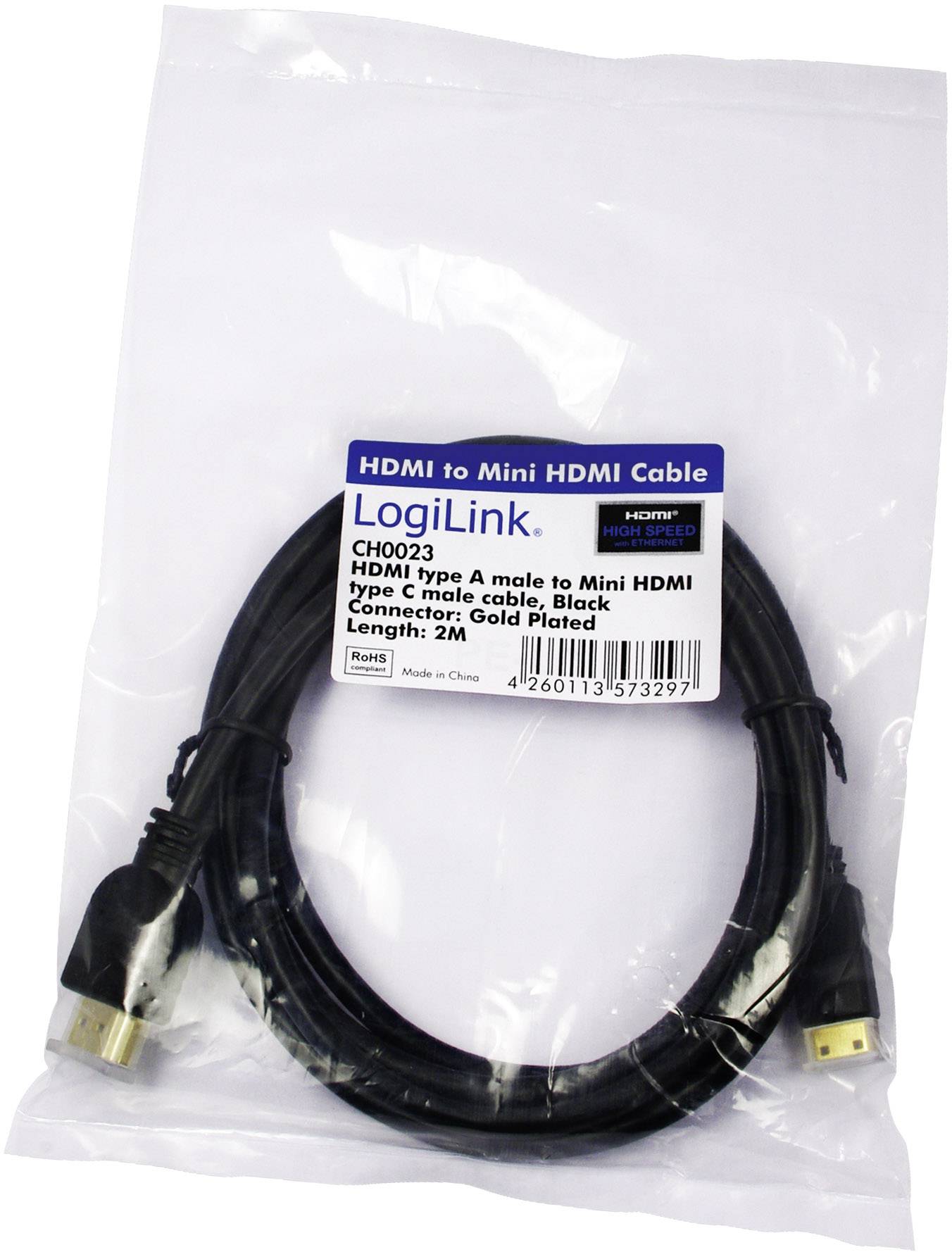'HDMI na Mini HDMI kabel, černý kabel, zlaté konektory, délka 2 metry, značka: LogiLink.'