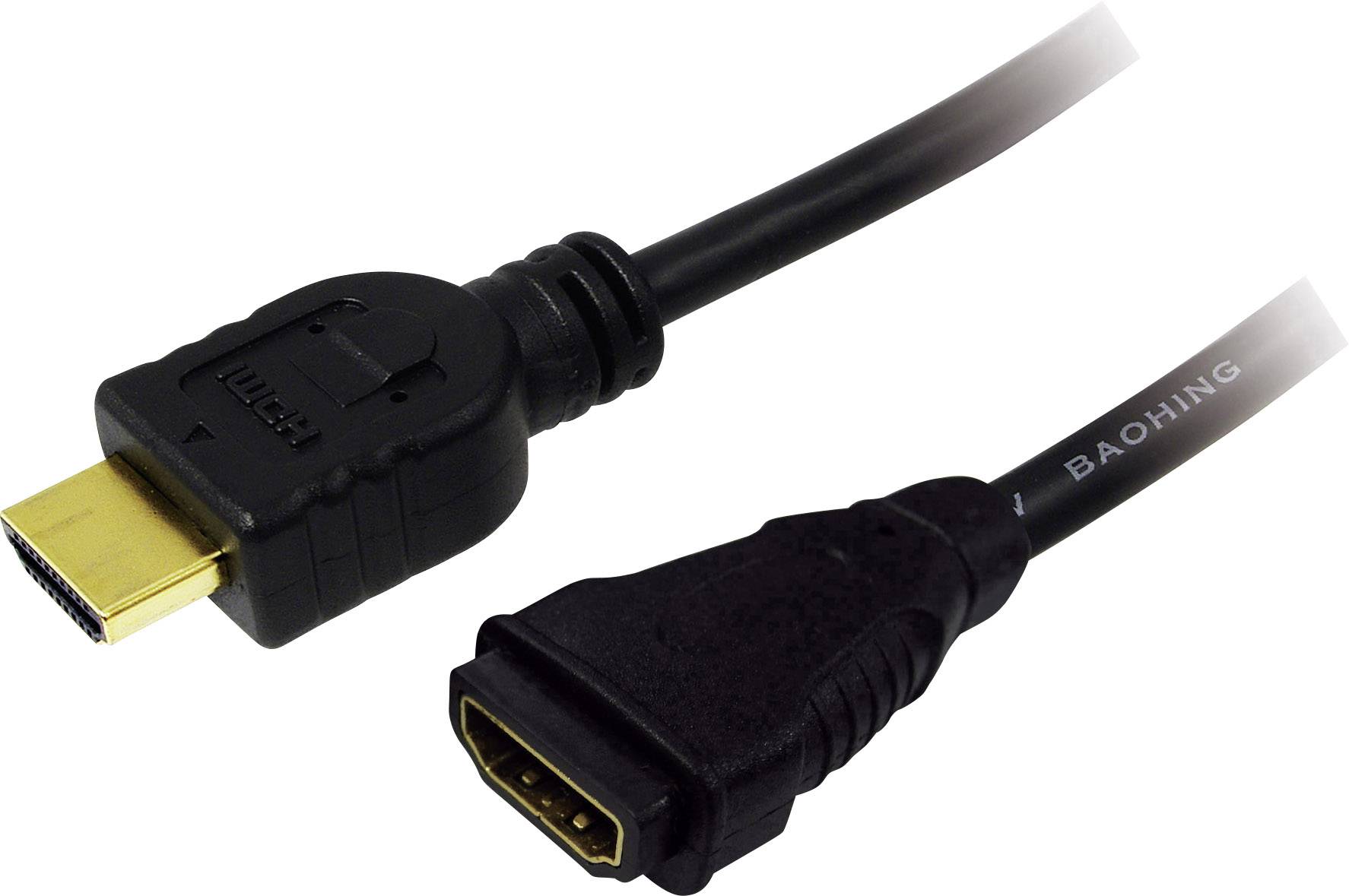 Černý HDMI kabel s samčím a samičím konektorem. Určený pro propojení video zařízení.