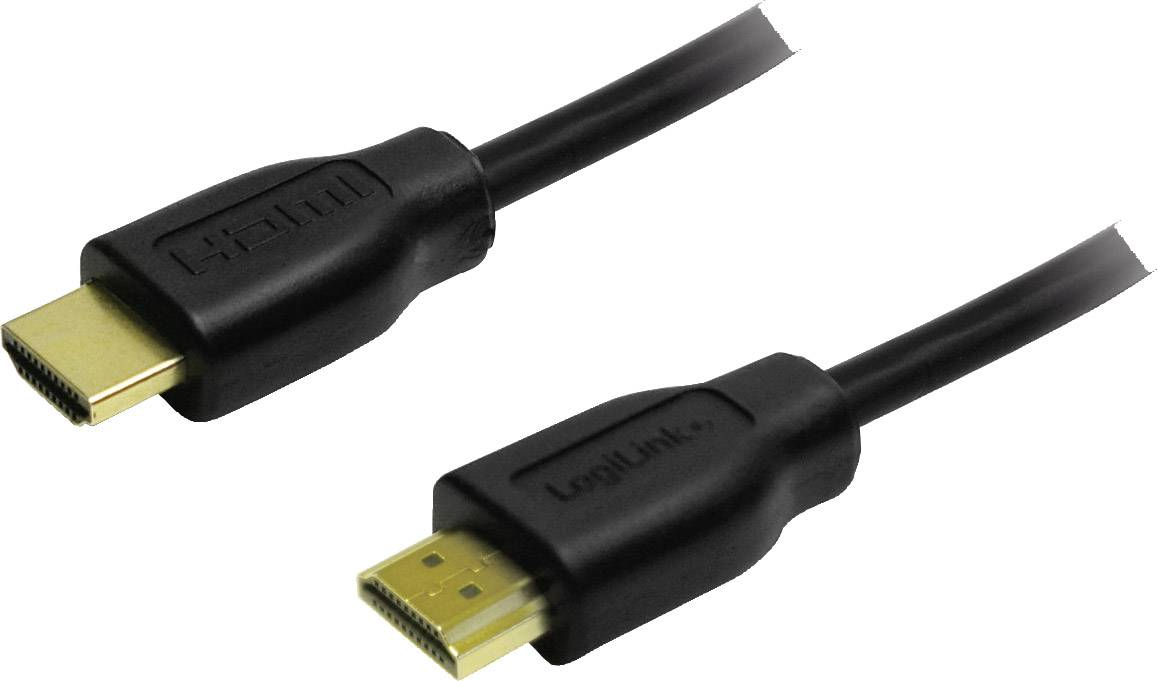 Černý HDMI kabel se zlatými konektory na obou koncích, vhodný pro připojení HD zařízení, jako jsou televize a počítače.