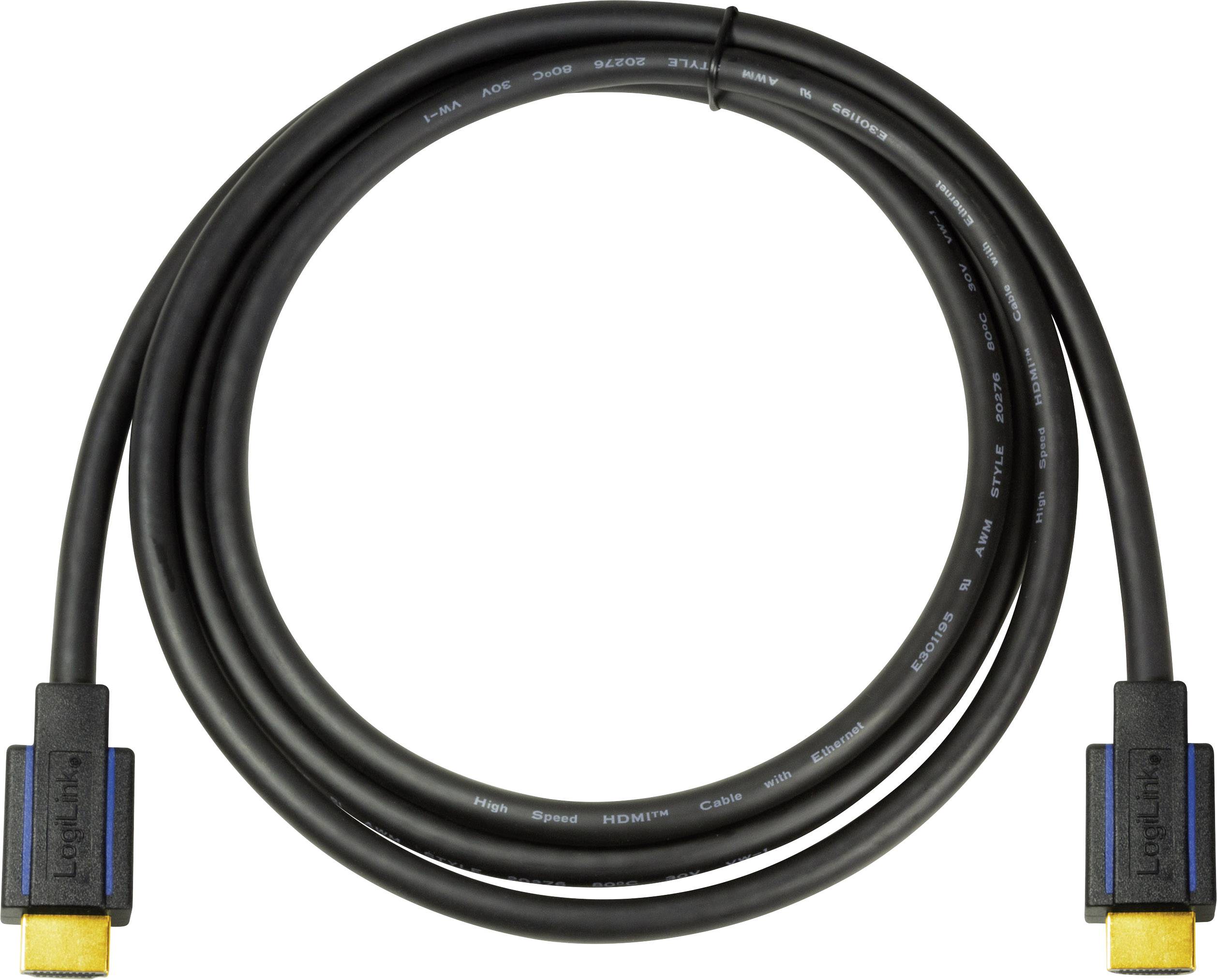 Černý HDMI kabel se zlatými konektory, svinutý do kruhu.