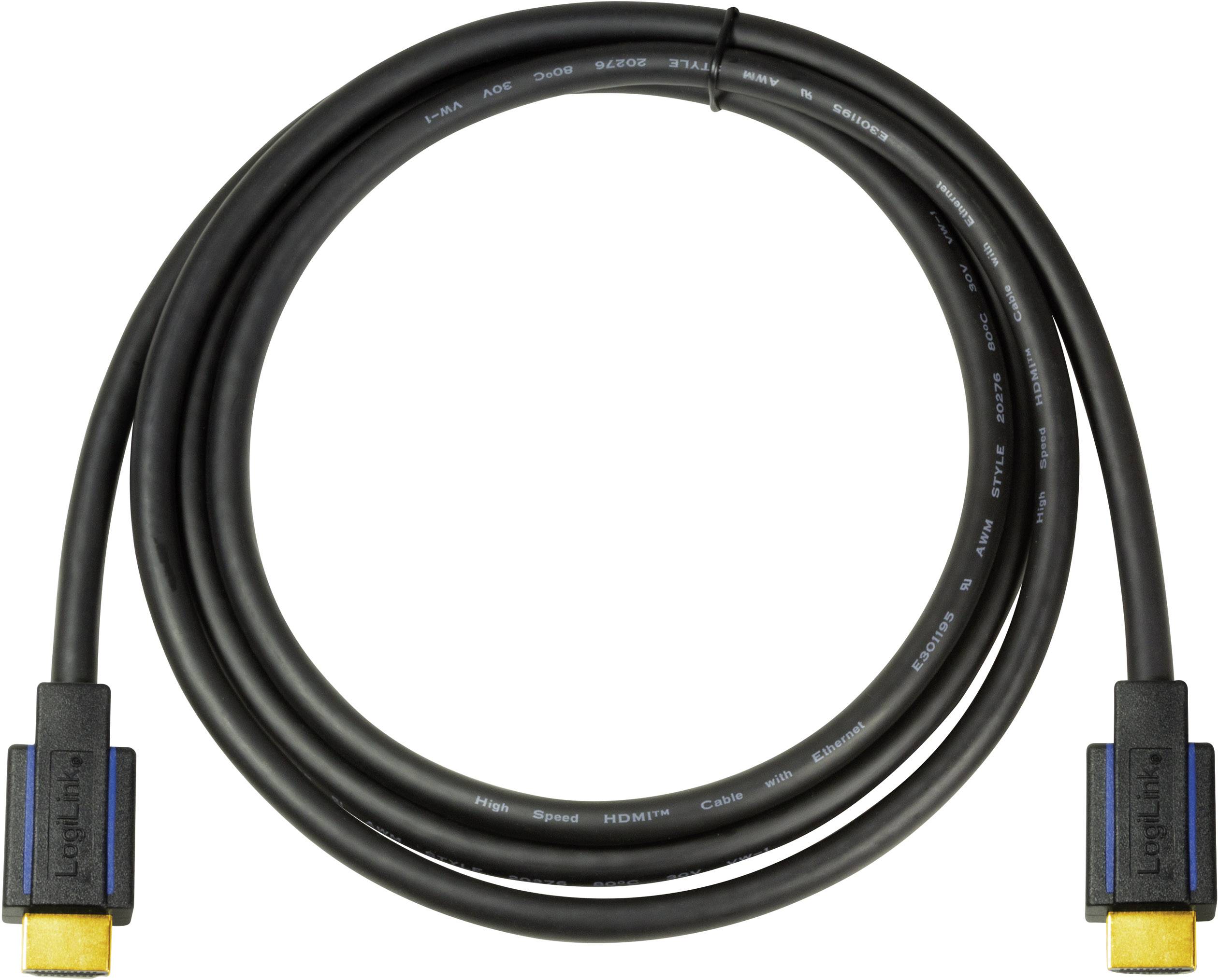 Černý HDMI kabel se zlatými konektory, stočený do smyčky. Používá se k přenosu audio a video signálů.