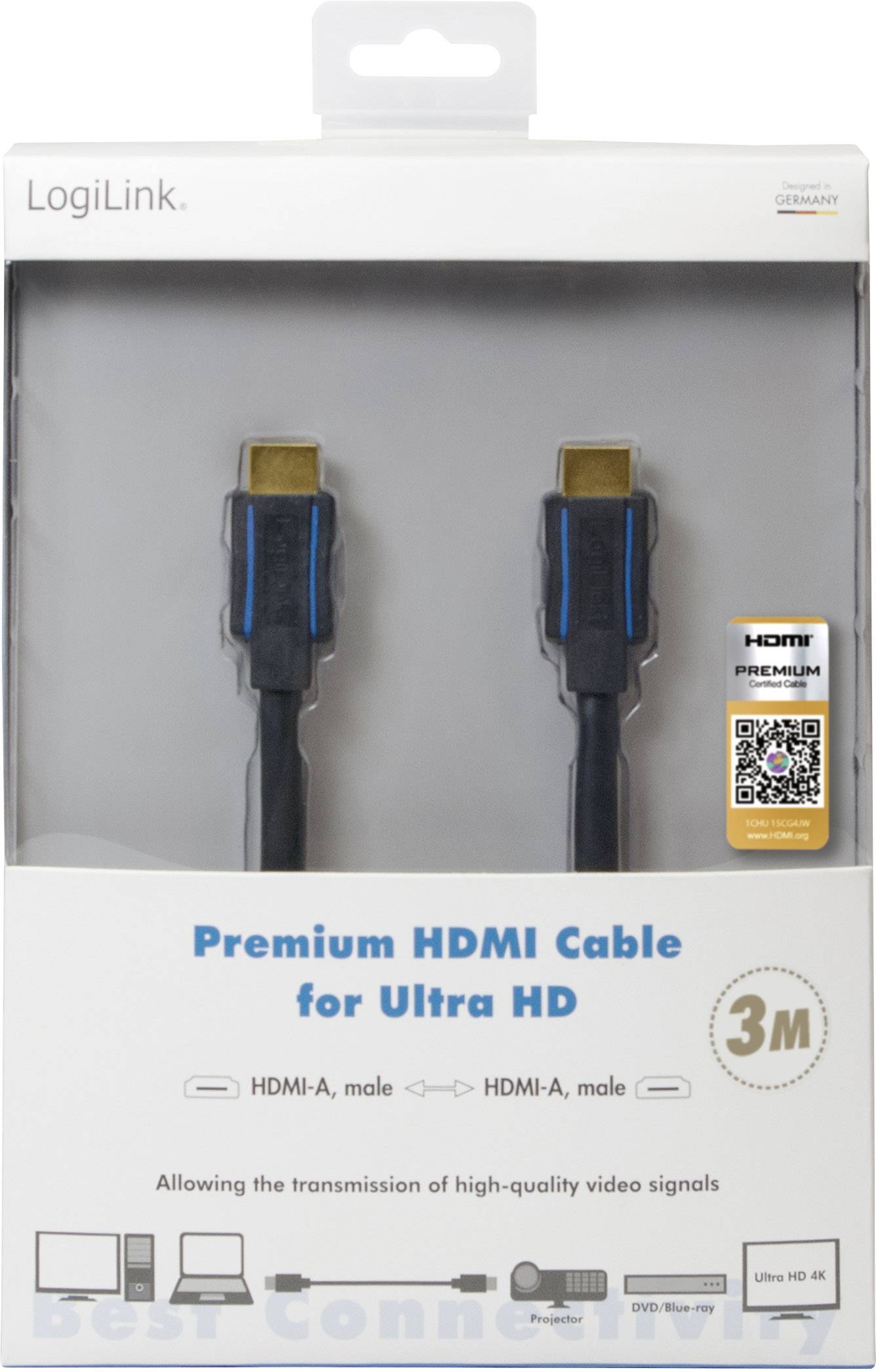 Logický Premium HDMI kabel pro Ultra HD, délka 3 m. Podporuje přenos vysoce kvalitních videosignálů.