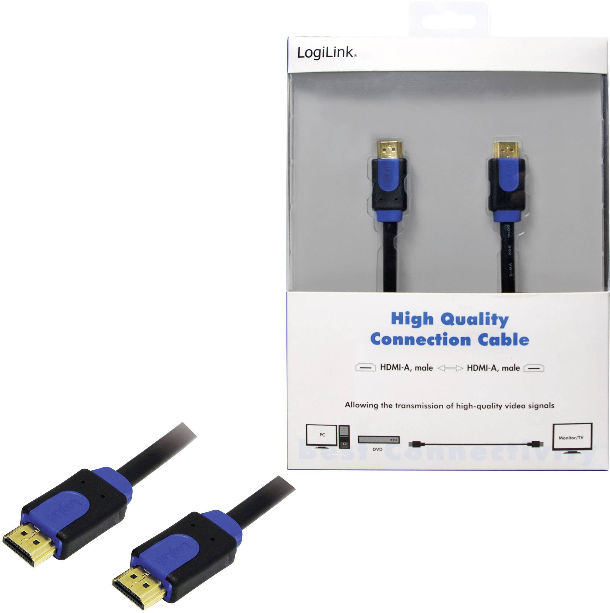 HDMI kabel s modrými a černými konektory v balení od LogiLink, označený jako 'Vysoce kvalitní propojovací kabel'.