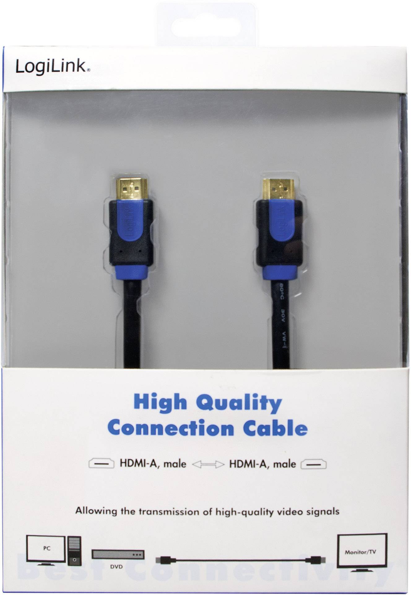 Šedý obal se dvěma modrými HDMI kabely. Nápis: 'Vysoce kvalitní propojovací kabel'. Šipky znázorňují připojení mezi PC/DVD a monitorem/TV.