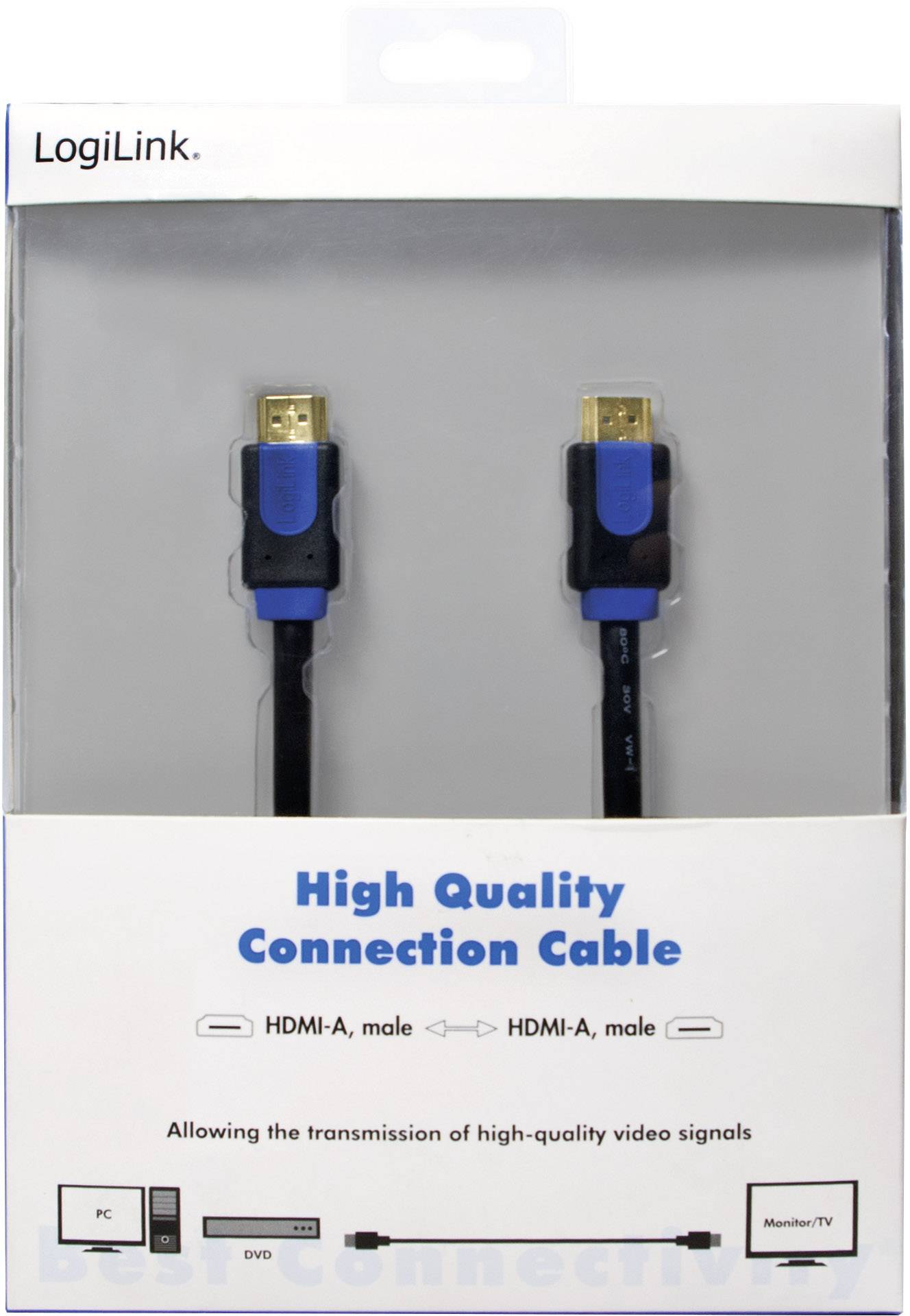 Dva HDMI kabely v balení značky LogiLink, označené jako 'Kabel vysoké kvality pro připojení', vhodné pro počítač a televizi.