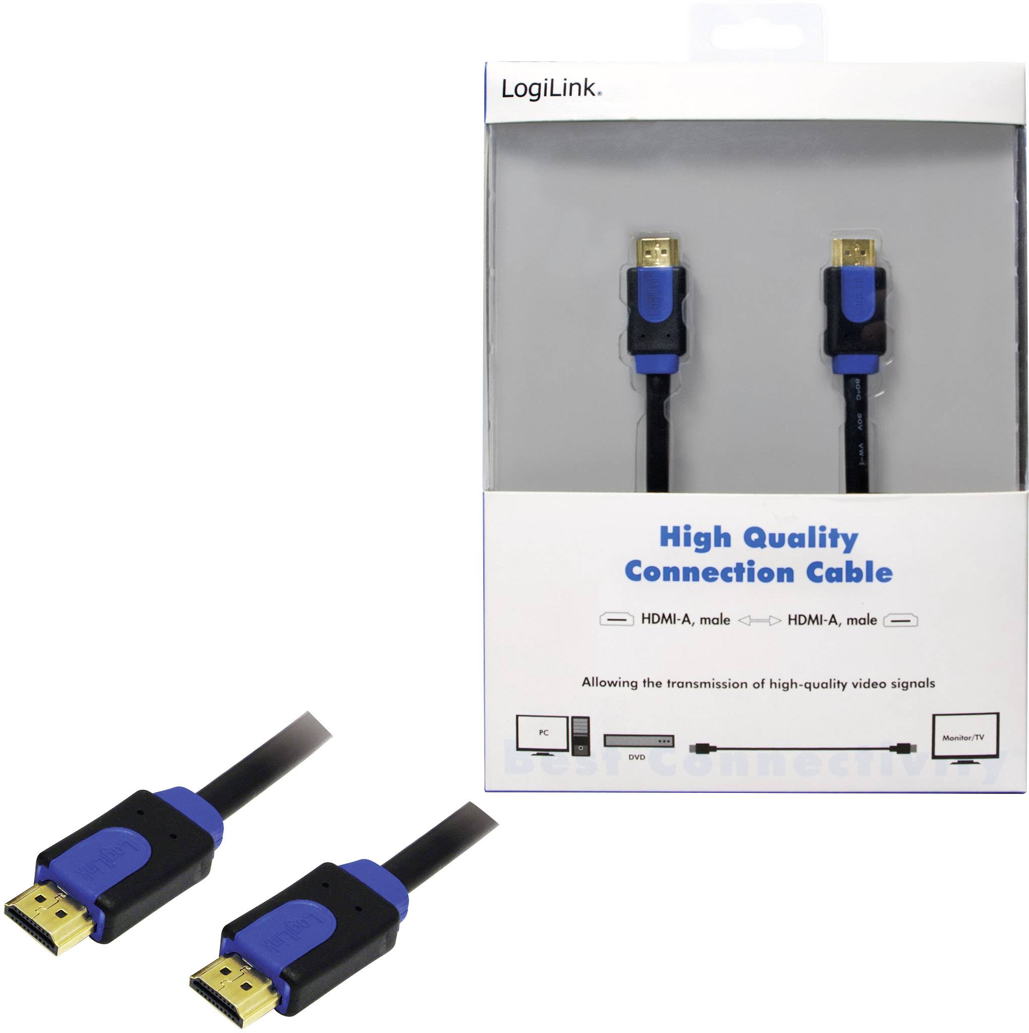 Balení HDMI kabelu od společnosti LogiLink, označené nápisem 'High Quality Connection Cable'. Zobrazuje dva samčí HDMI konektory.