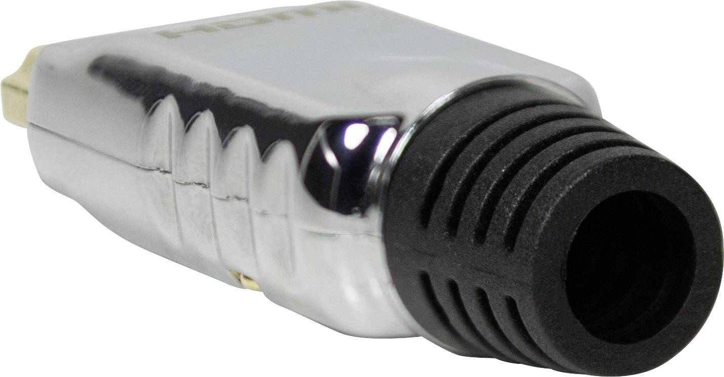 Stříbrný konektor HDMI s černým nástupem kabelu, určený pro propojení multimediálních zařízení.