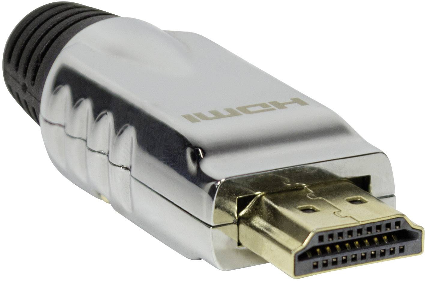 HDMI konektor, lesklý stříbrný plášť a černé rukojeti. Určeno pro propojení audio a video zařízení, jako jsou televizory a počítače.