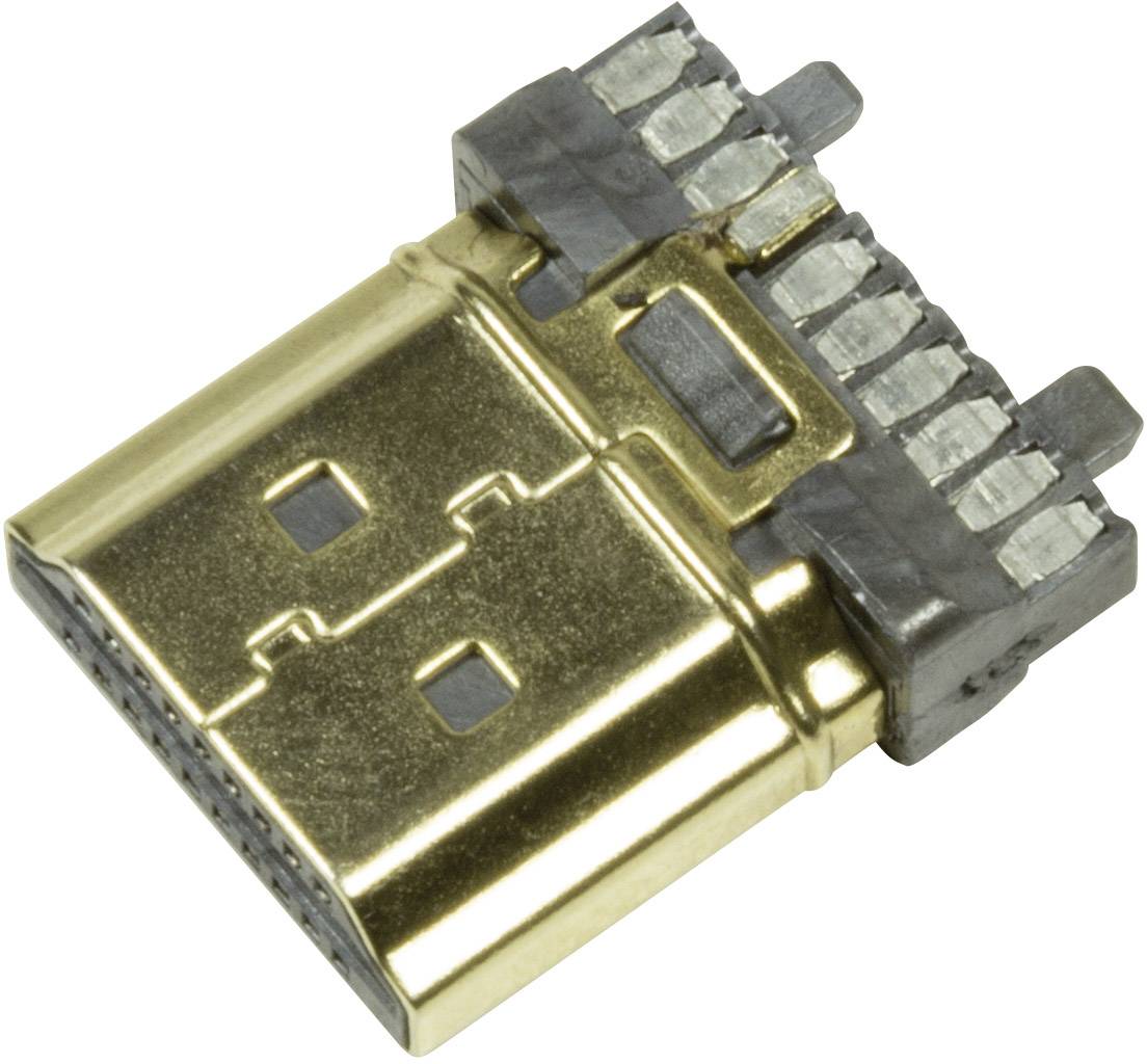 Mini-HDMI konektor ve zlaté barvě, zobrazený z bočního úhlu.