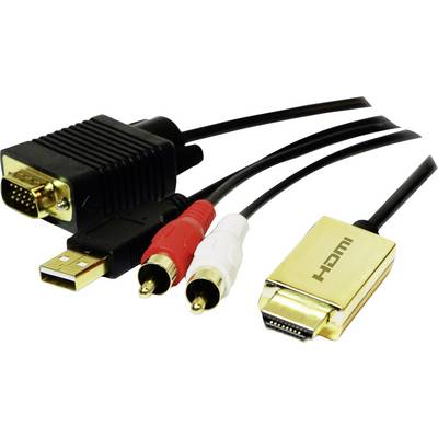 Konverzní kabel s VGA, USB, dvěma audio konektory a HDMI konektorem, vhodný pro video a audio připojení.