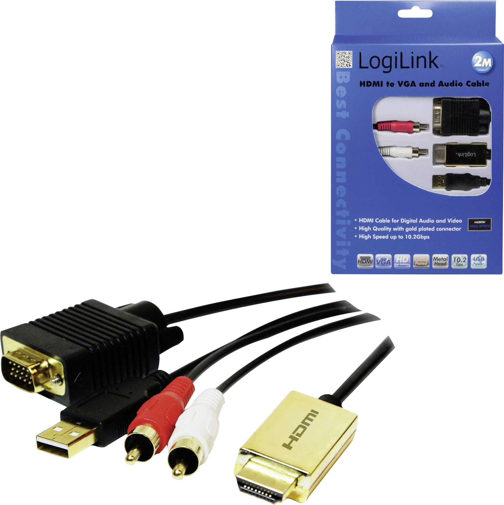HDMI adaptér na VGA a audio kabel. Balení s obrázky kabelových připojení.
