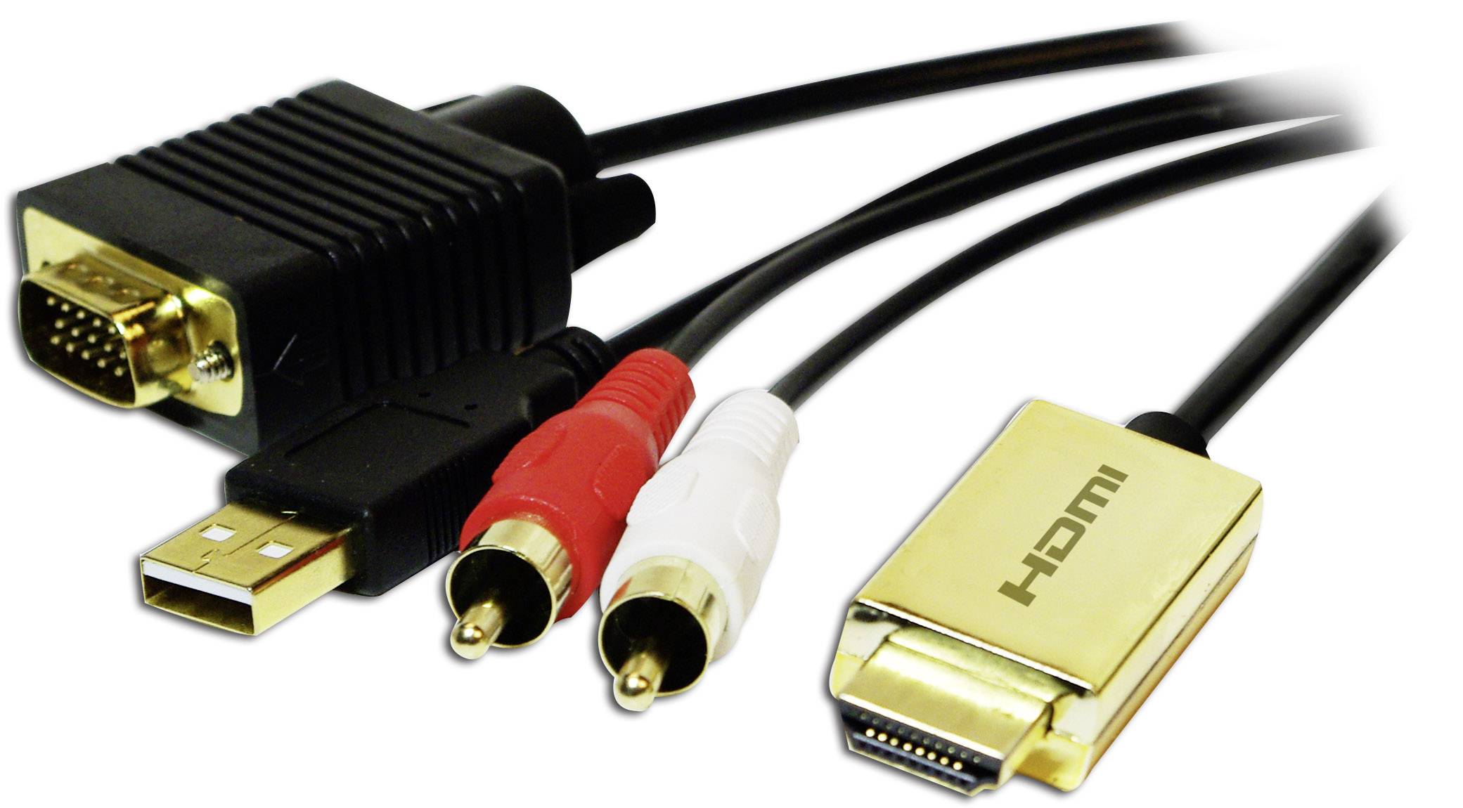 Na obrázku jsou vidět různé typy kabelů: VGA, USB, dva cinch konektory (červený a bílý) a HDMI konektor.
