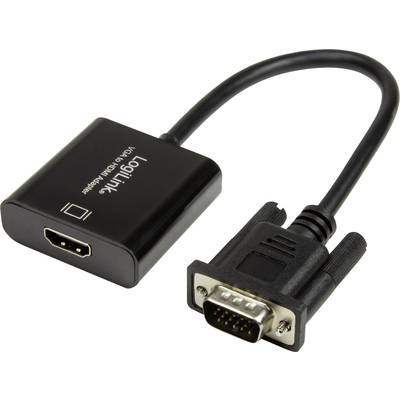 VGA-HDMI adaptér s černým kabelem. Vlevo je vidět HDMI konektor, vpravo VGA konektor.