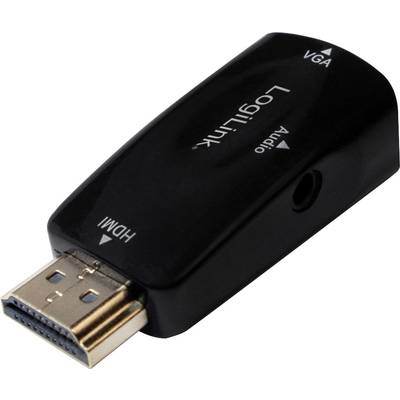 Černý HDMI-VGA audio adaptér s VGA a audio výstupy, název značky a připojovací porty viditelné na přední straně.
