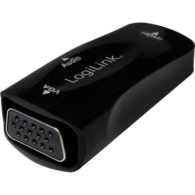 Černý VGA-HDMI adaptér s logem 'LogiLink'. Adaptér umožňuje připojení zařízení s VGA vstupem k zařízením s HDMI rozhraním.
