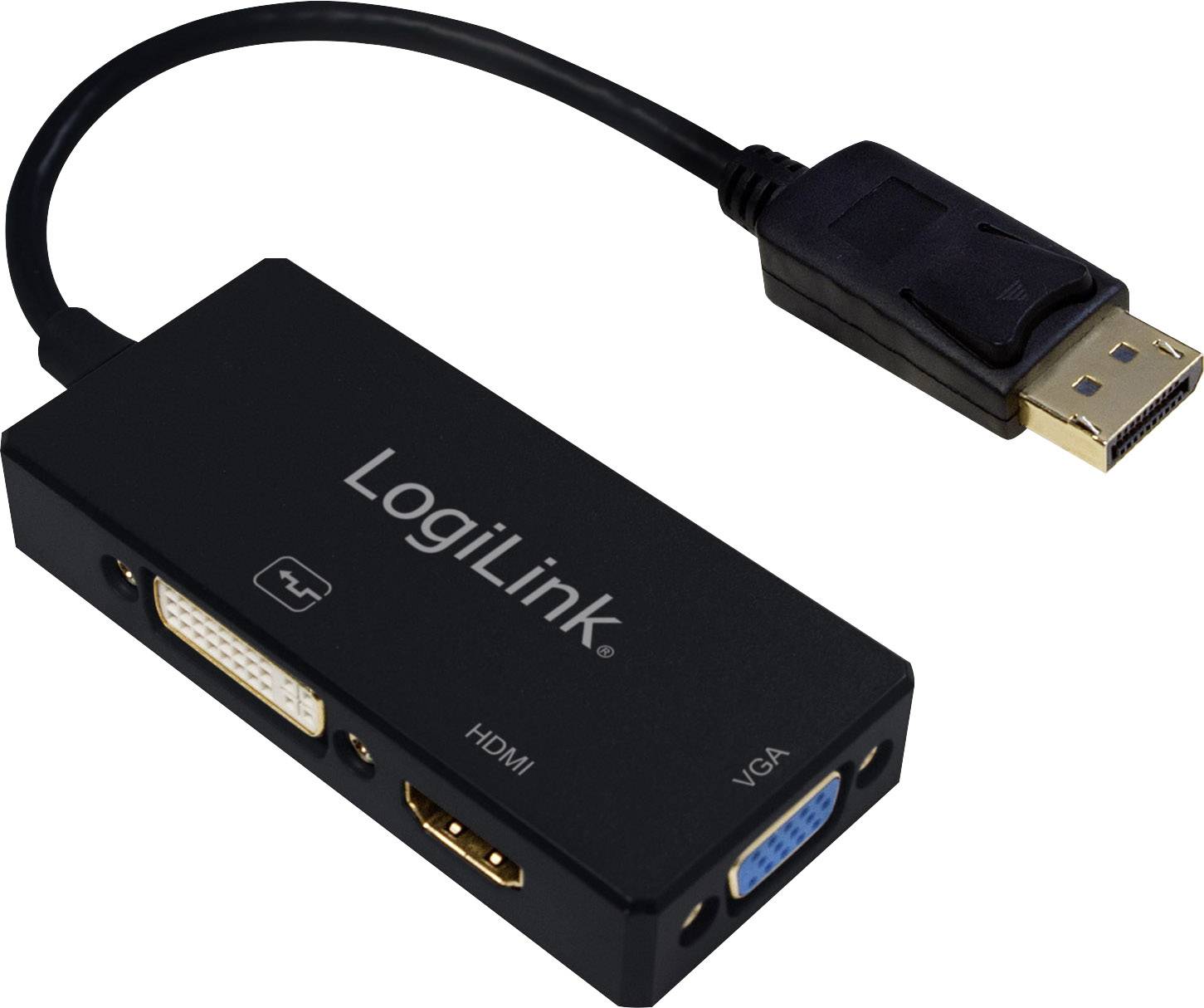 Adaptér s konektorem DisplayPort a třemi výstupy: HDMI, DVI, VGA, určený pro připojení zařízení k různým monitorům.
